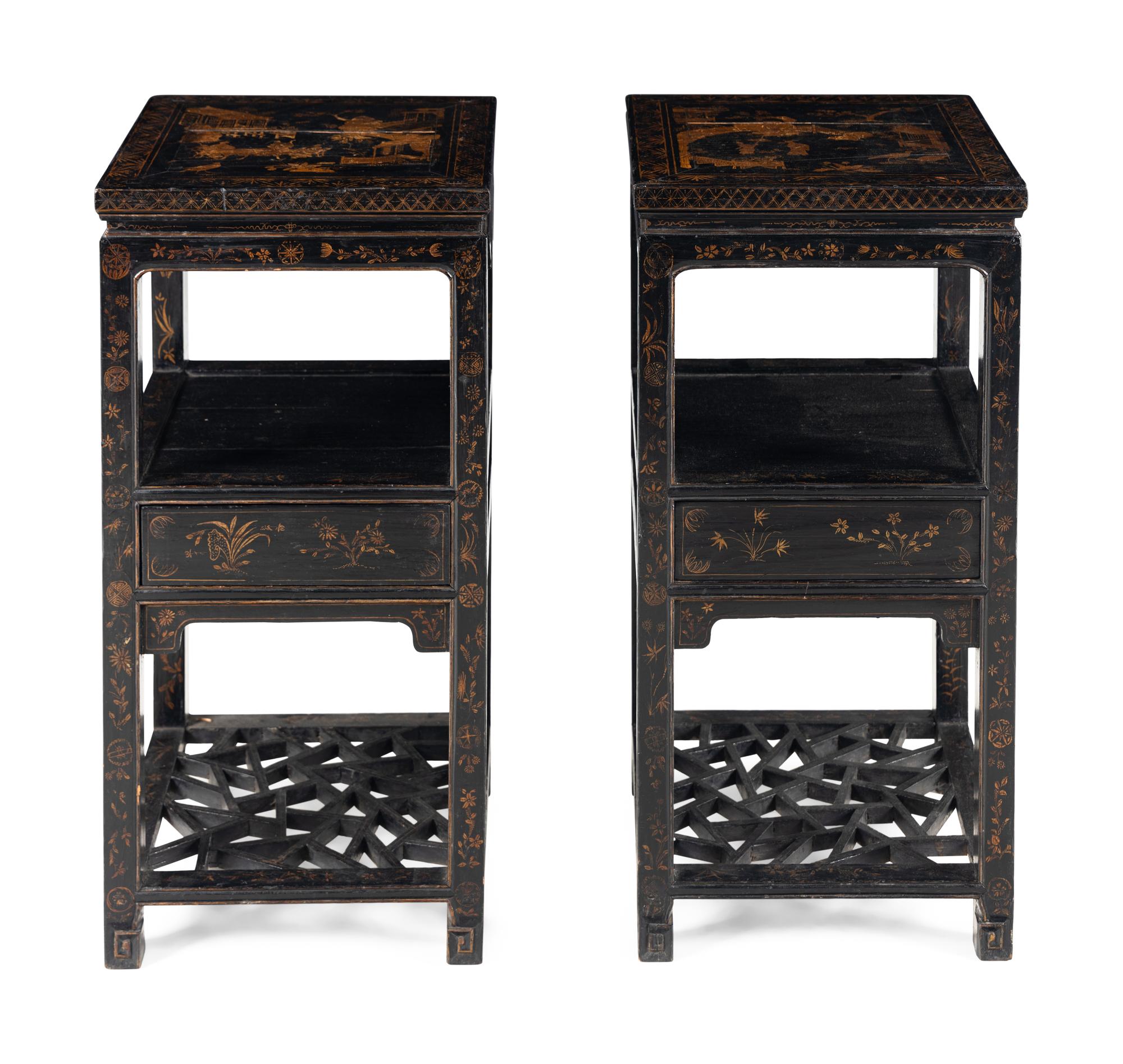 A Pair of Chinese Gilt-Decorated Black Lacquer Jardinière Stands
