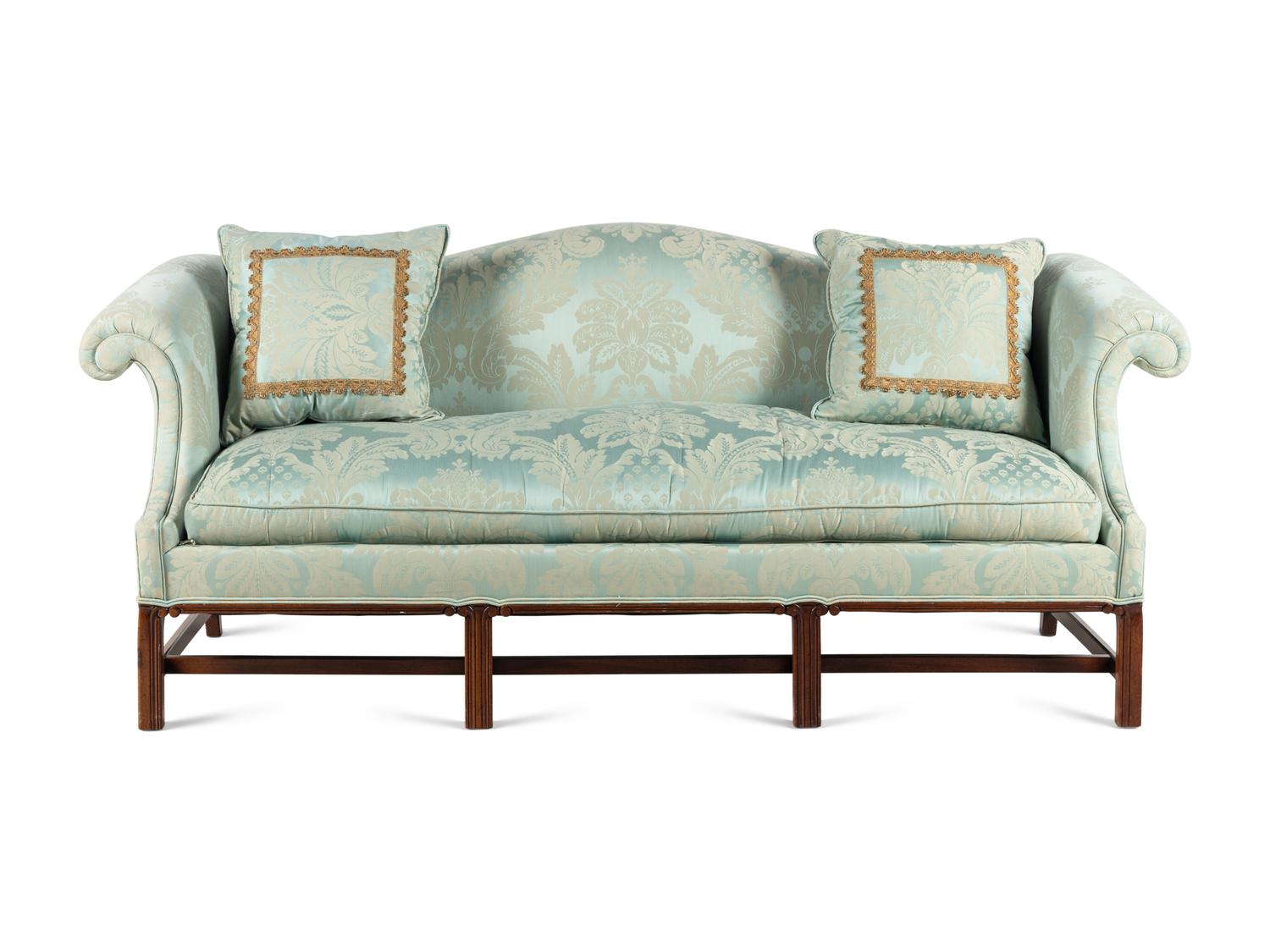A Georgian Style Damask Upholstered Camelback Sofa
