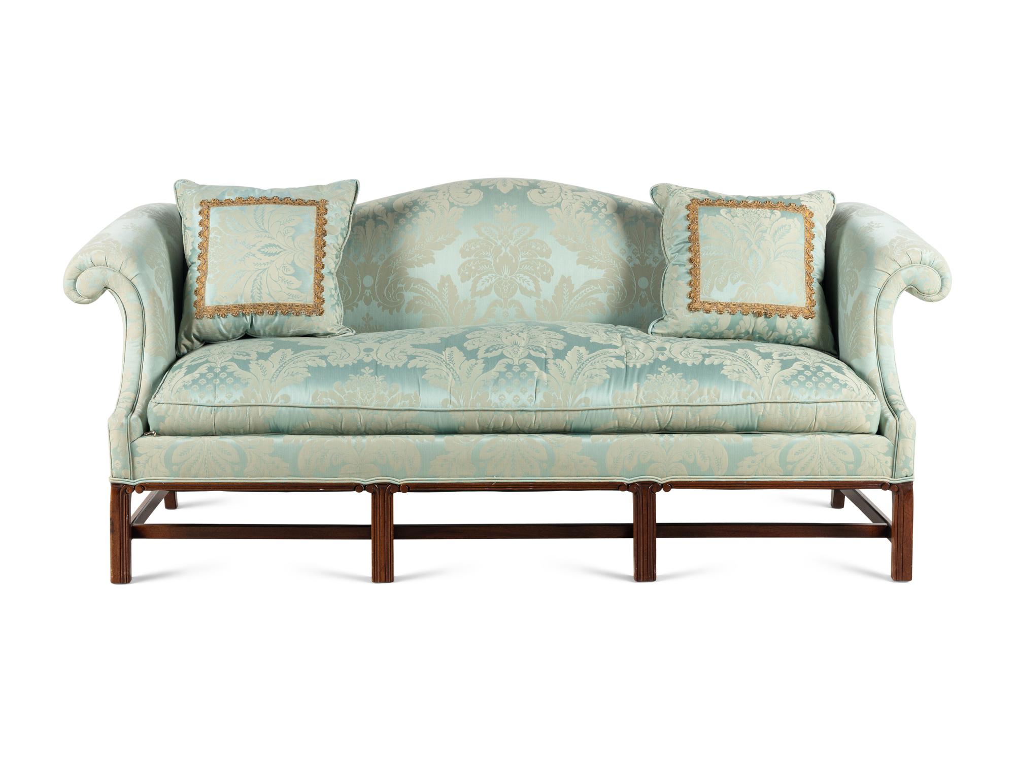 A Georgian Style Damask Upholstered Camelback Sofa