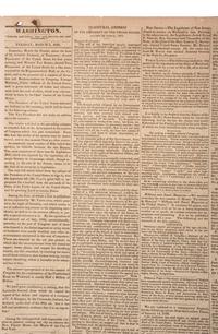 [POLITICS]. National Intelligencer . Vol. XXXIV, No. 4878. Washington, DC: Gales & Seaton, 5 March 1833. Containing Andrew Jackson's inaugural address.