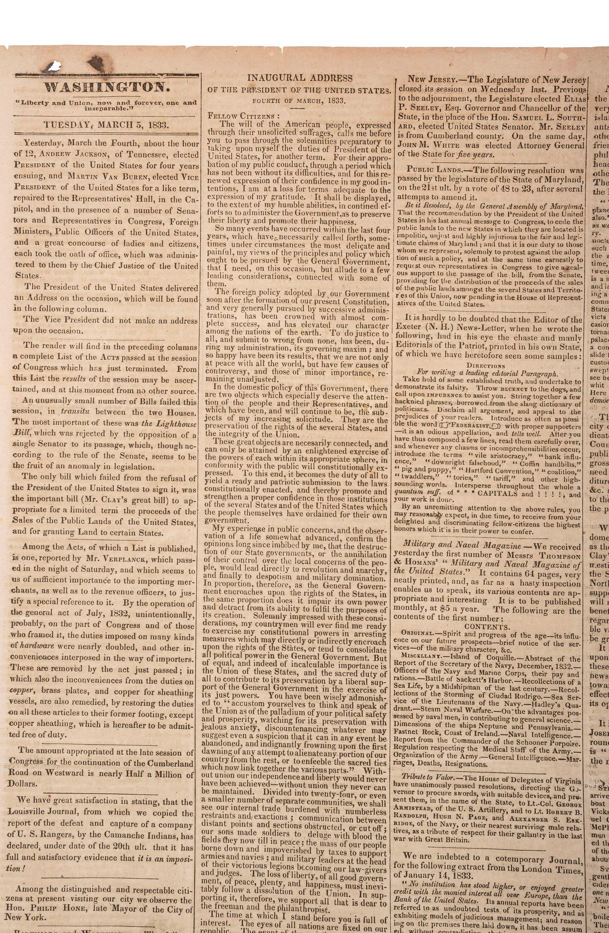 [POLITICS]. National Intelligencer . Vol. XXXIV, No. 4878. Washington, DC: Gales & Seaton, 5 March 1833. Containing Andrew Jackson's inaugural address.