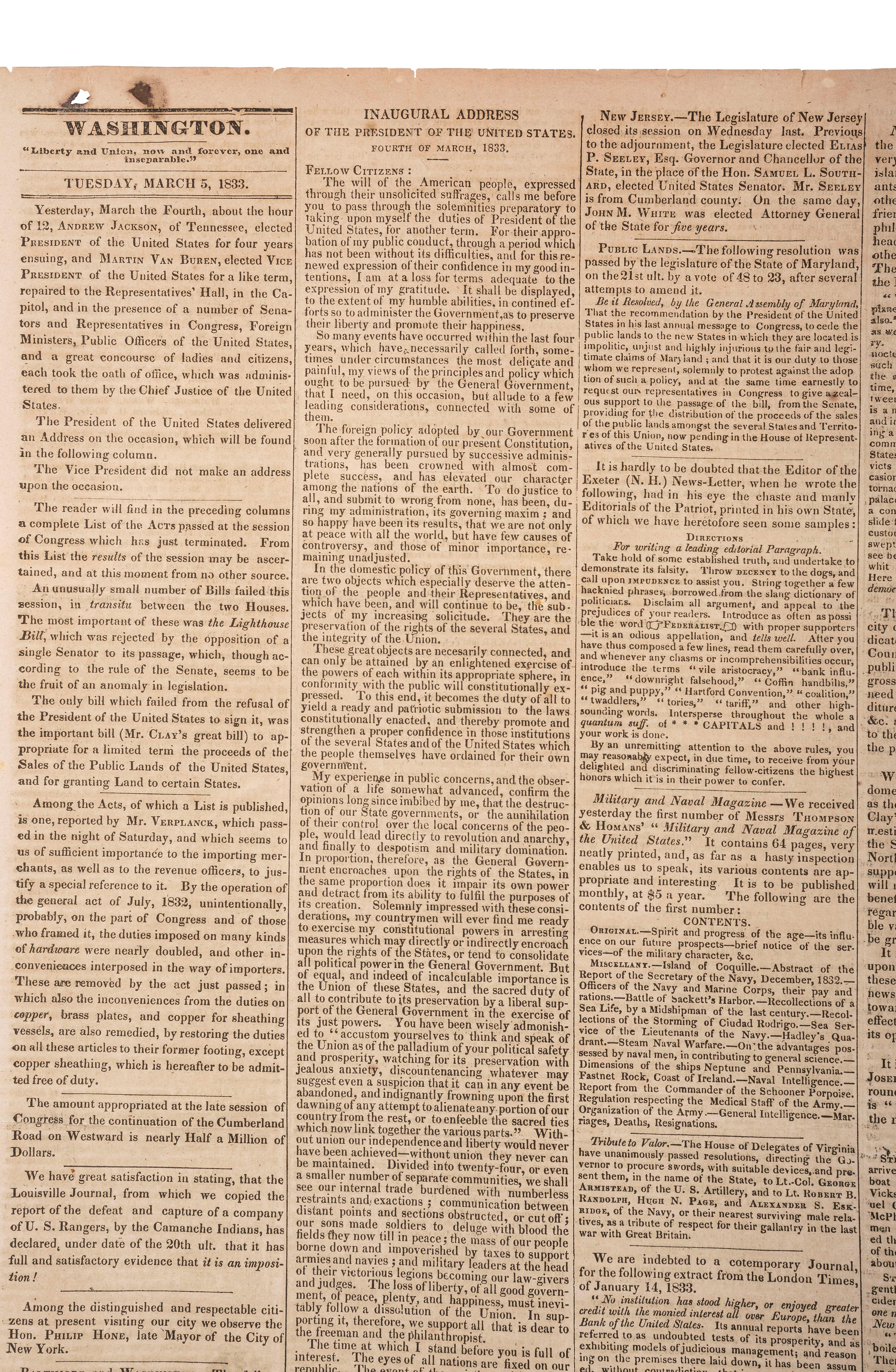 [POLITICS]. National Intelligencer . Vol. XXXIV, No. 4878. Washington, DC: Gales & Seaton, 5 March 1833. Containing Andrew Jackson's inaugural address.