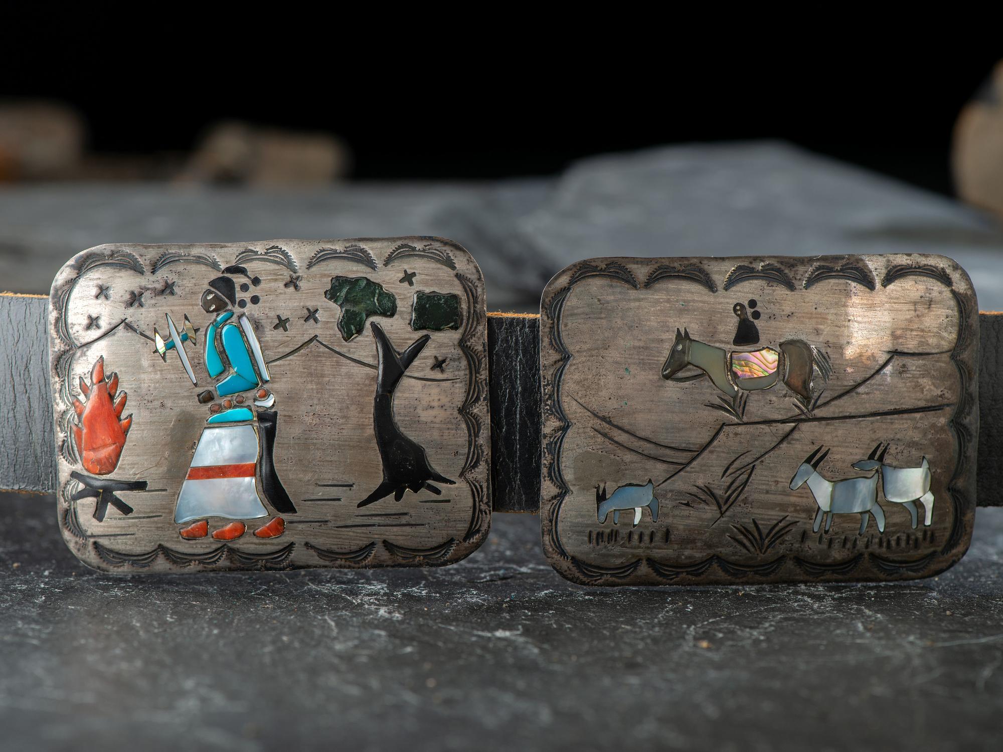 Navajo Silver Storyteller Concha Belt, with Inlay