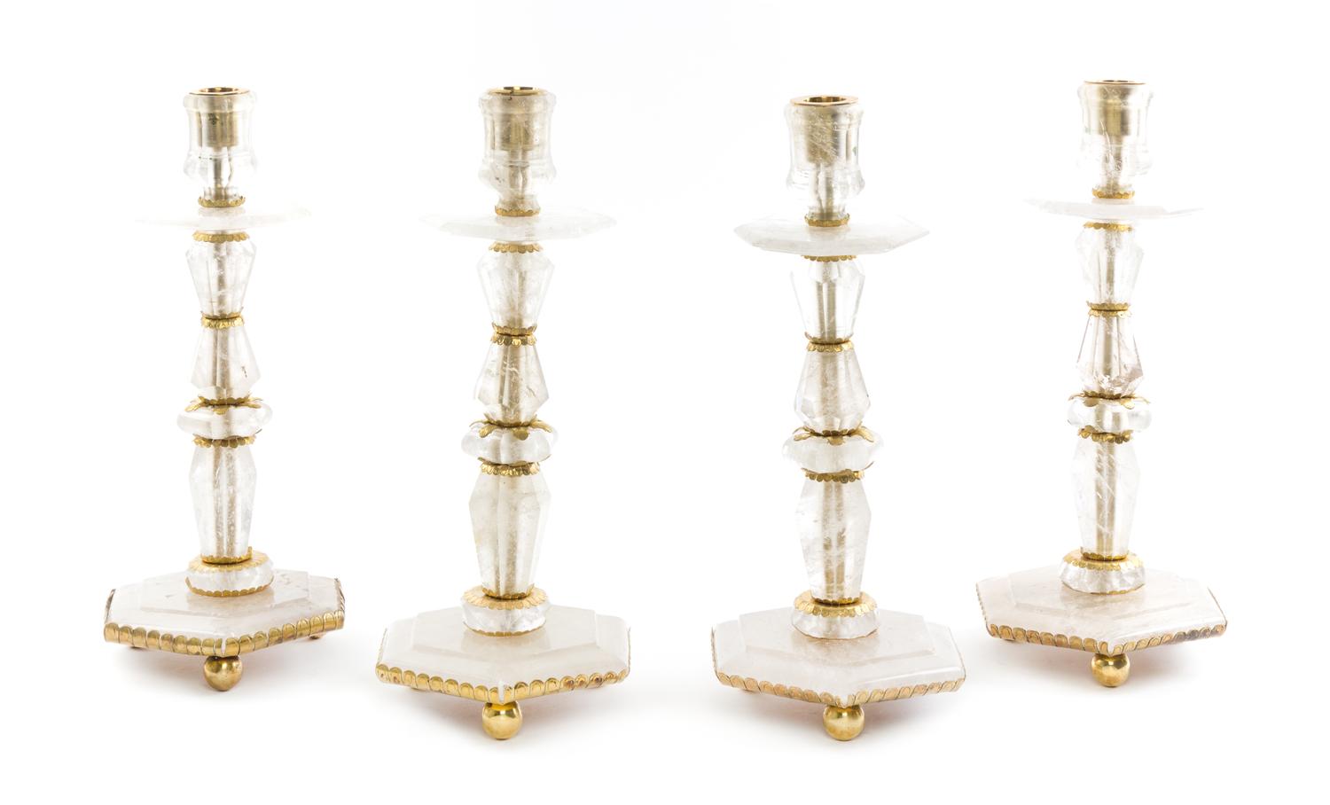 A Set of Four Gilt Metal Mounted Rock Crystal Candlesticks Height 16 inches. — 20TH CENTURY