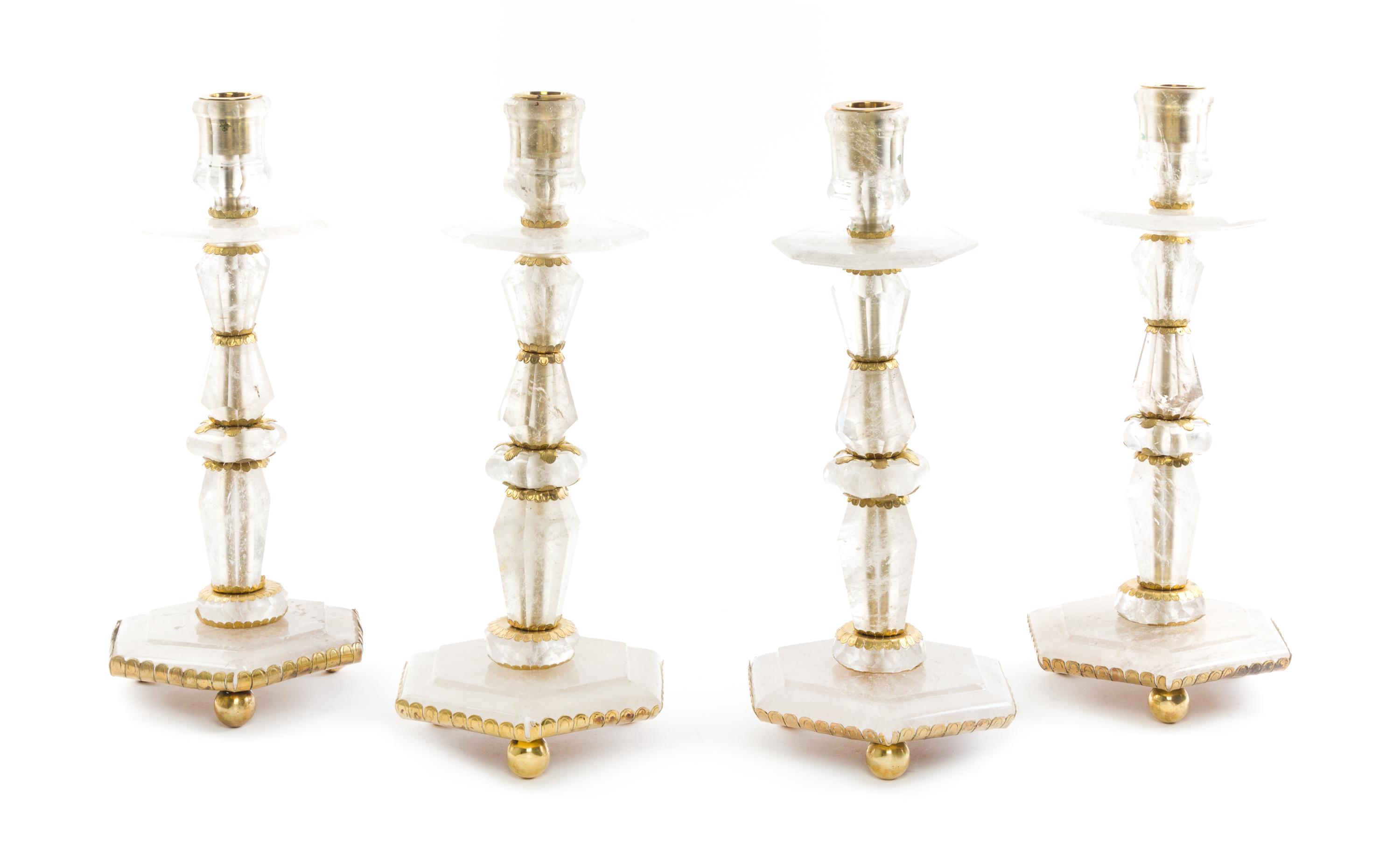 A Set of Four Gilt Metal Mounted Rock Crystal Candlesticks Height 16 inches. — 20TH CENTURY