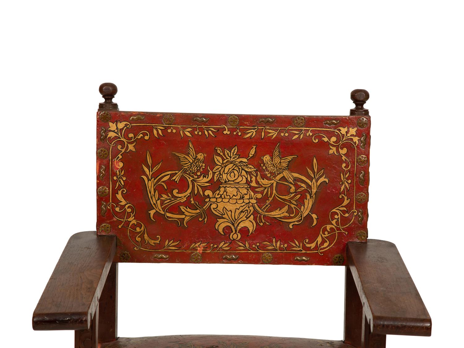 An Italian Baroque Style Carved Oak Open Armchair with Painted Leather Back and Seat