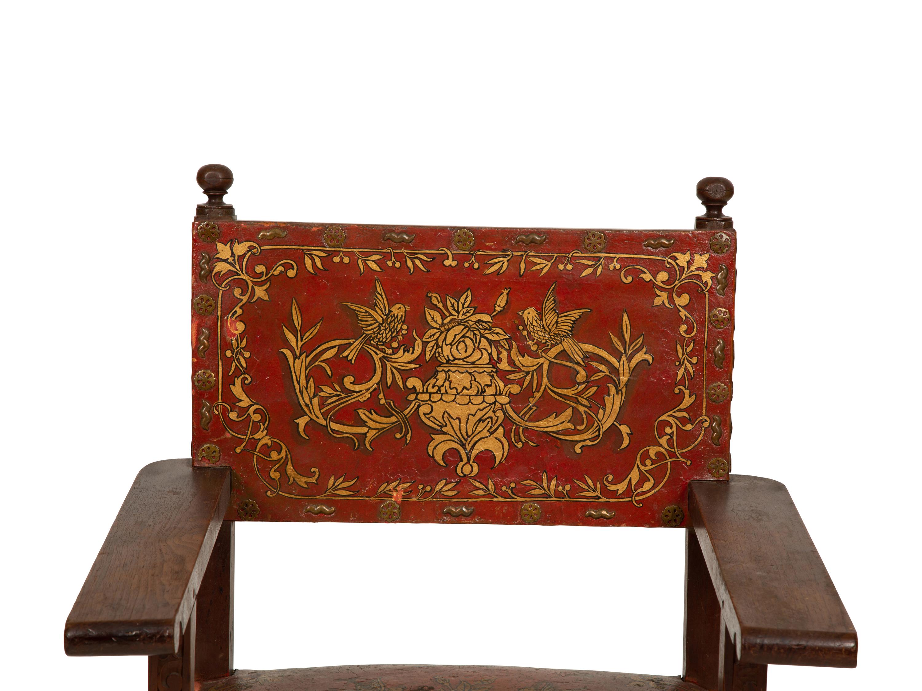 An Italian Baroque Style Carved Oak Open Armchair with Painted Leather Back and Seat