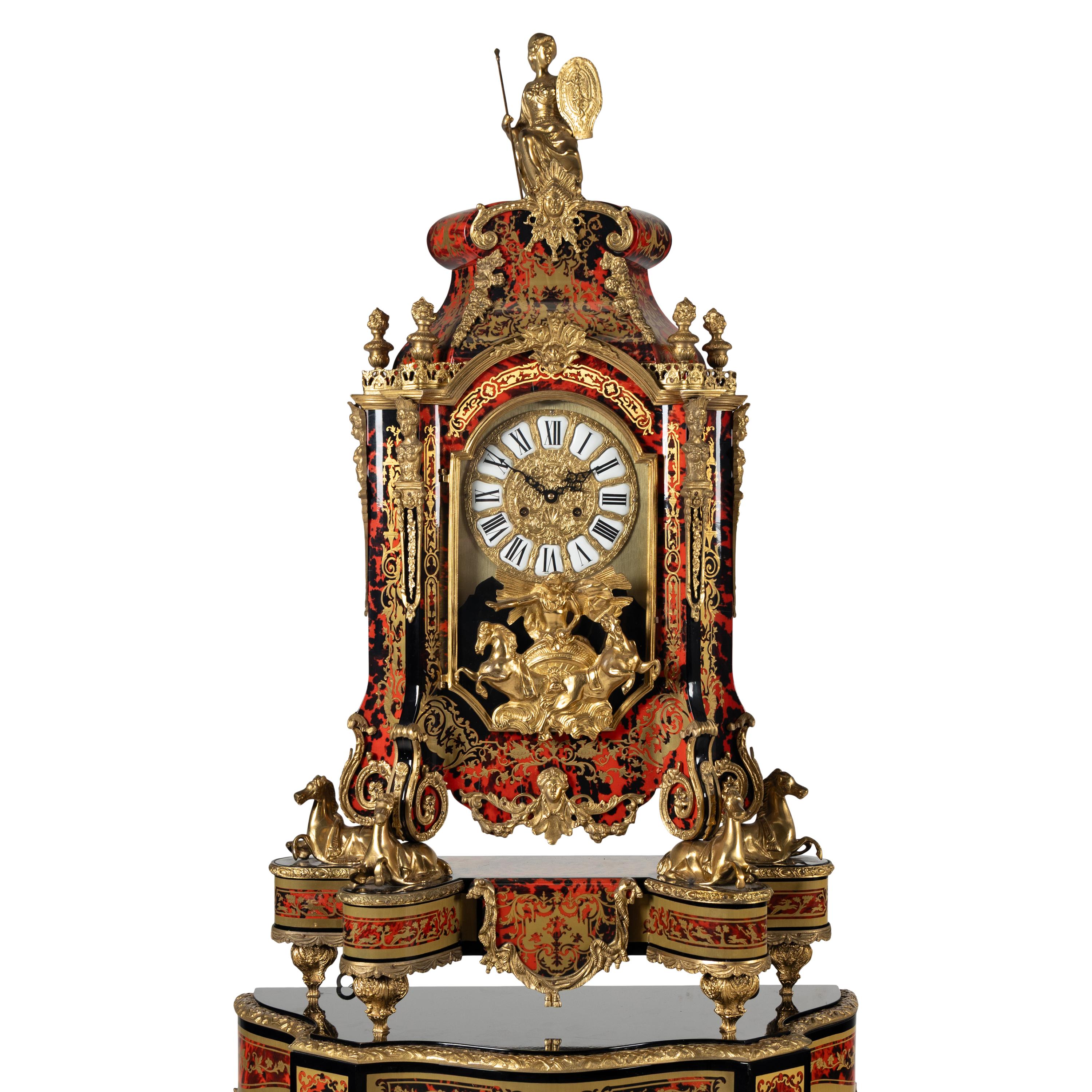A Large Louis XIV Style Boulle Marquetry and Gilt Metal Mounted Clock and Stand