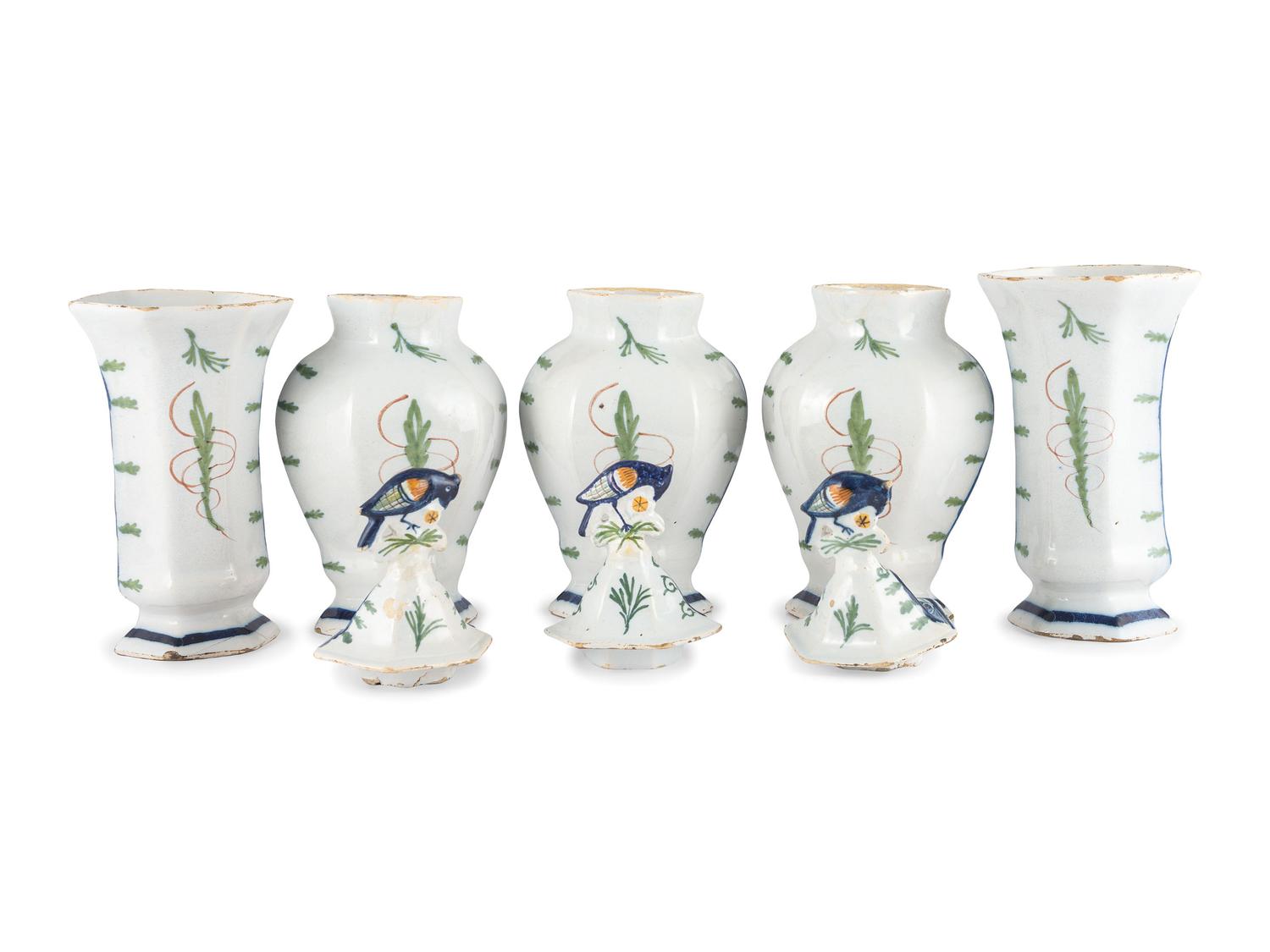 A Dutch Glazed Earthenware Five-Piece Garniture