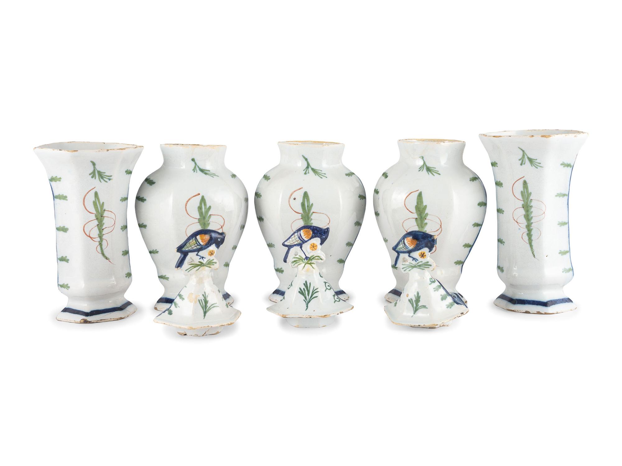 A Dutch Glazed Earthenware Five-Piece Garniture