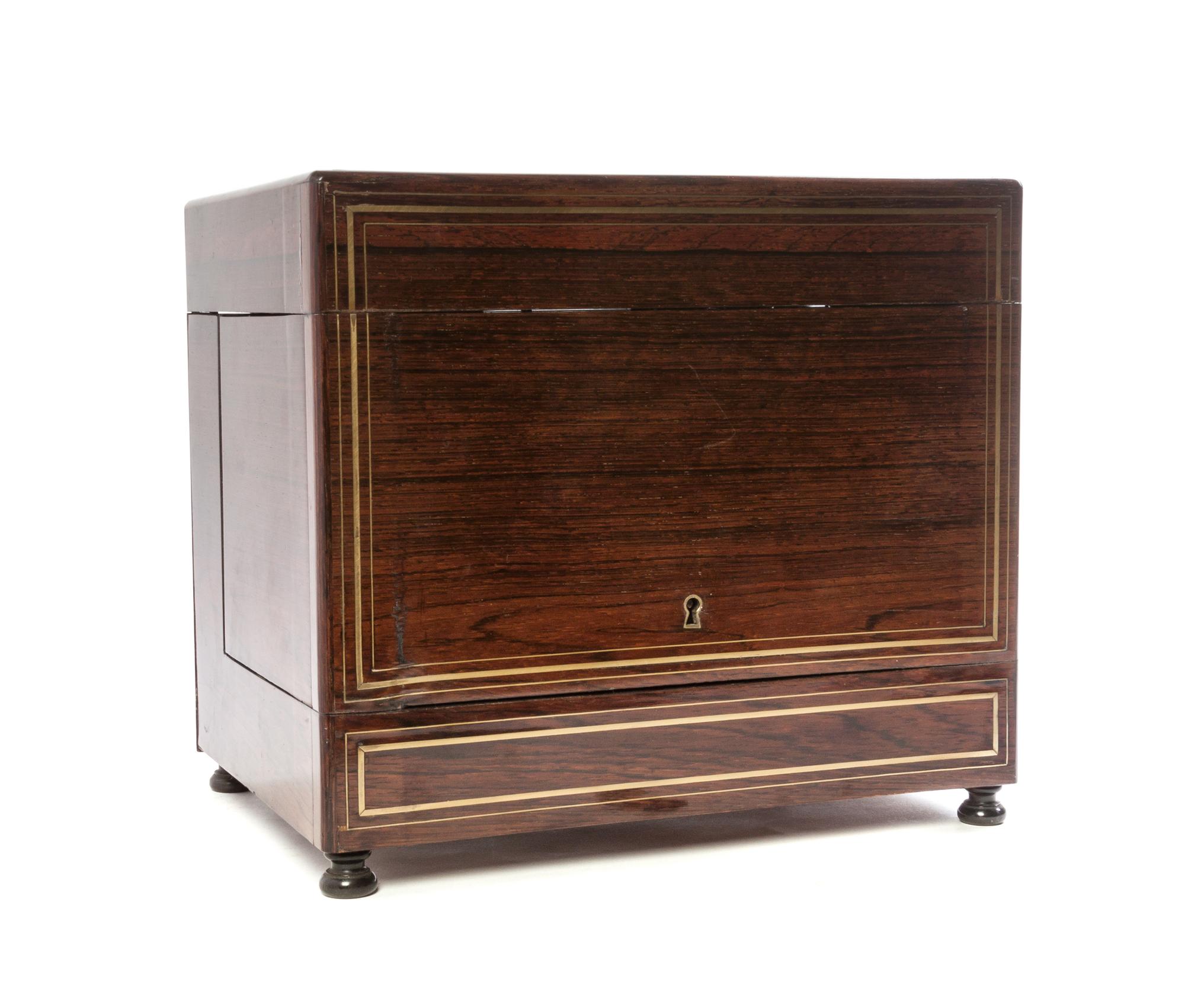 A Regency Style Rosewood Liquor Chest, Height 11 x width 12 1/8 x depth 9 inches.