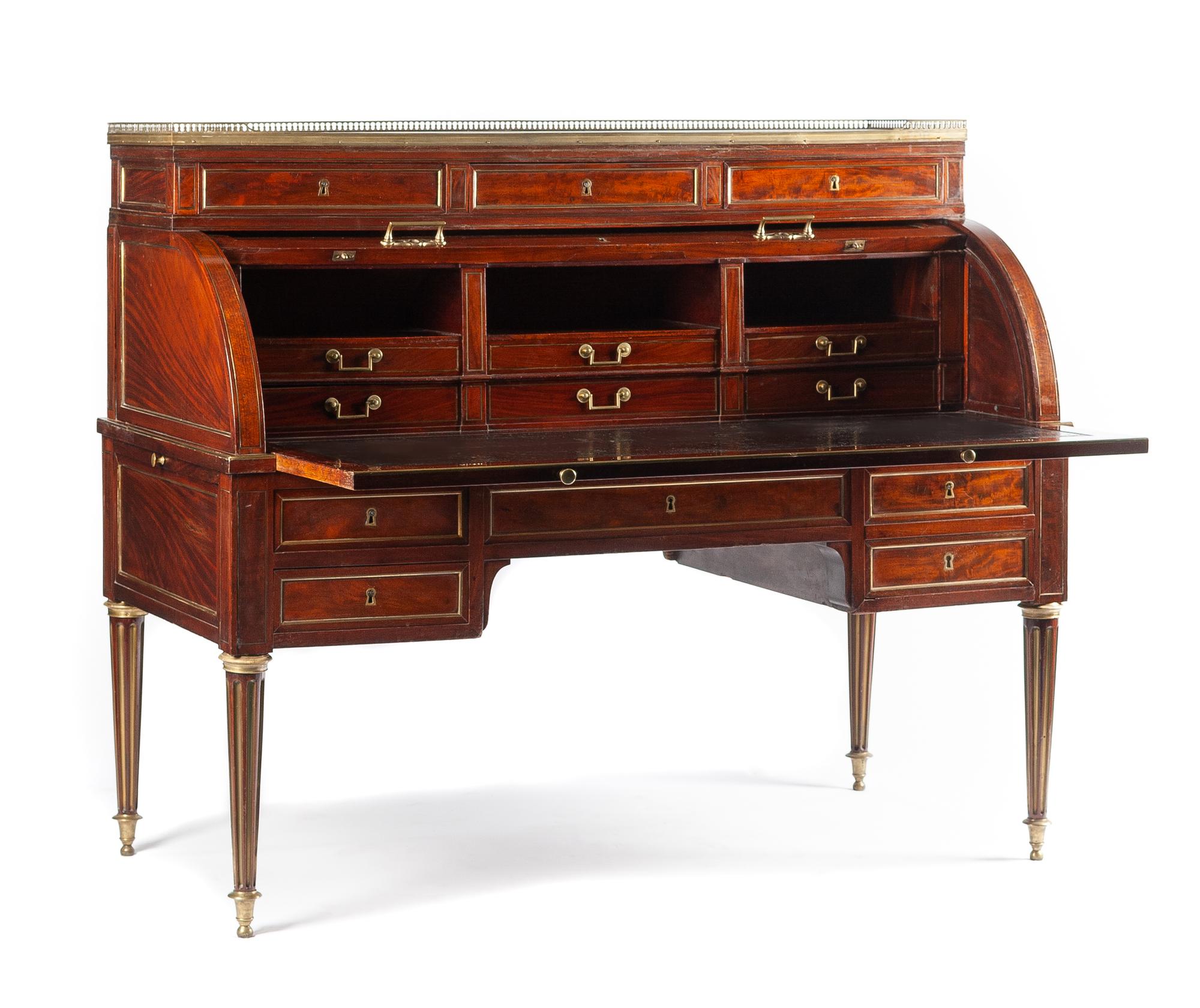 A Louis XVI Style Brass Inlaid Mahogany Bureau a Cylindre Height 48 x width 57 x depth 28 inches. — 19TH CENTURY