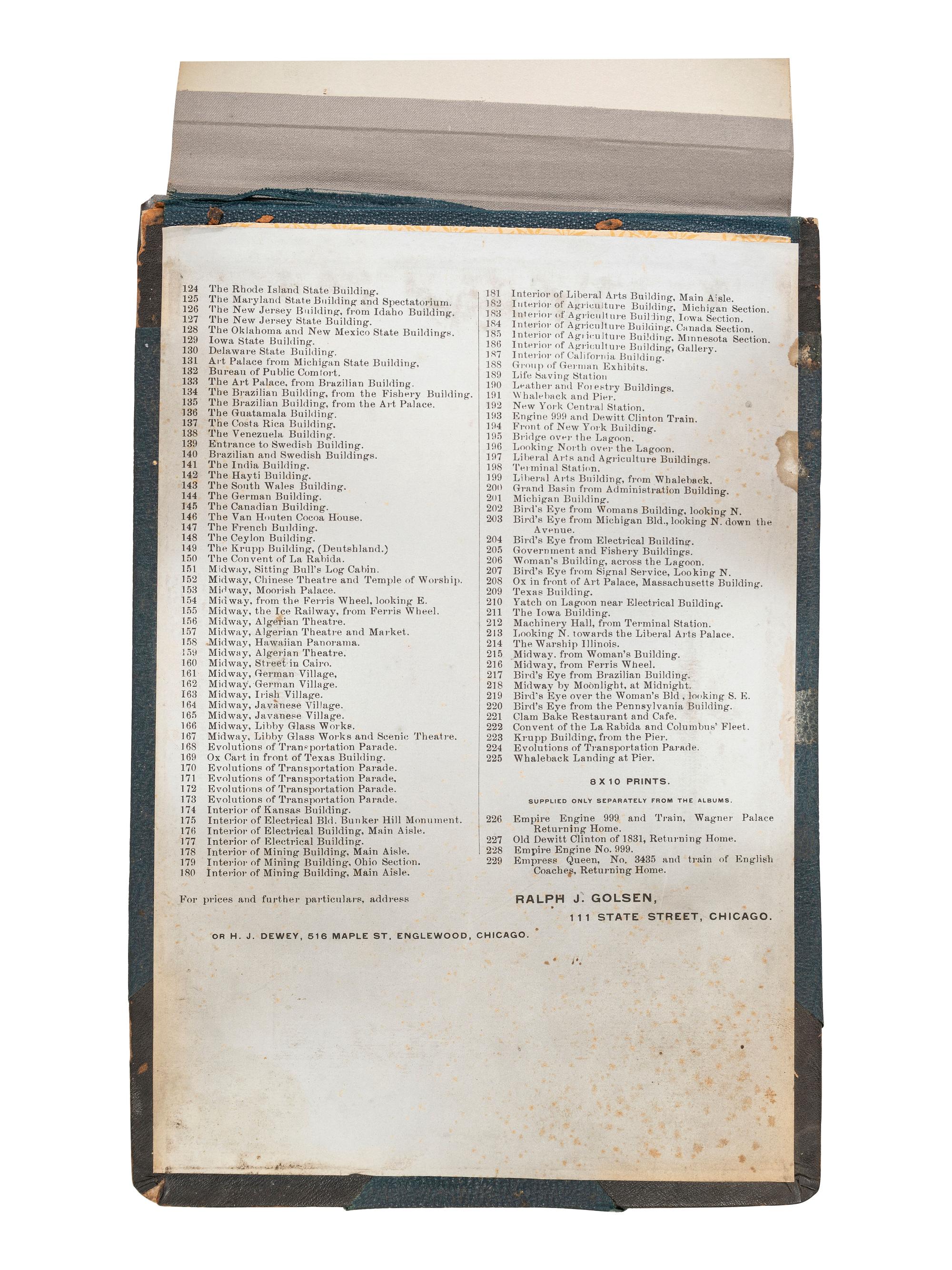 [WORLD'S FAIR]. GOLSEN, Ralph J., photographer. Photo album and souvenir map for the 1893 Chicago World's Columbian Exposition.