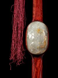 A Chinese Russet and Celadon Jade Inset Hardwood Ruyi Scepter