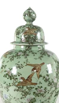 A Pair of Chinese Large Porcelain Covered Urns on Pedestals