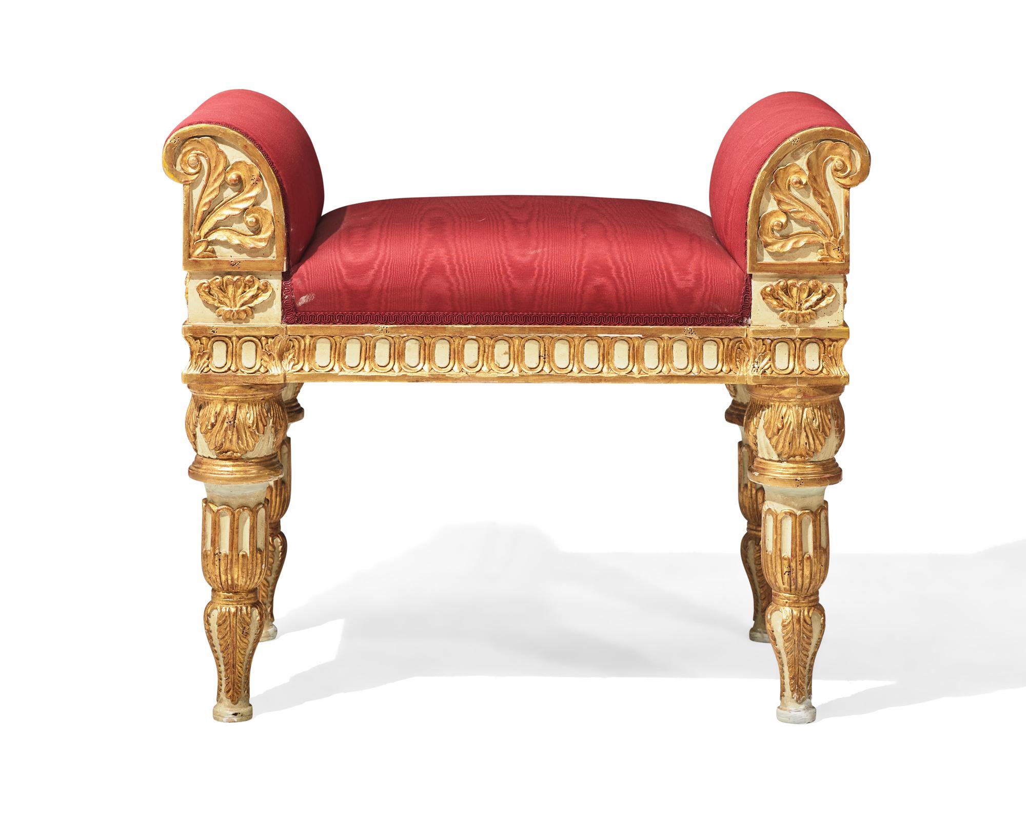 An Italian Neoclassical style painted and parcel-gilt bench, 20th century