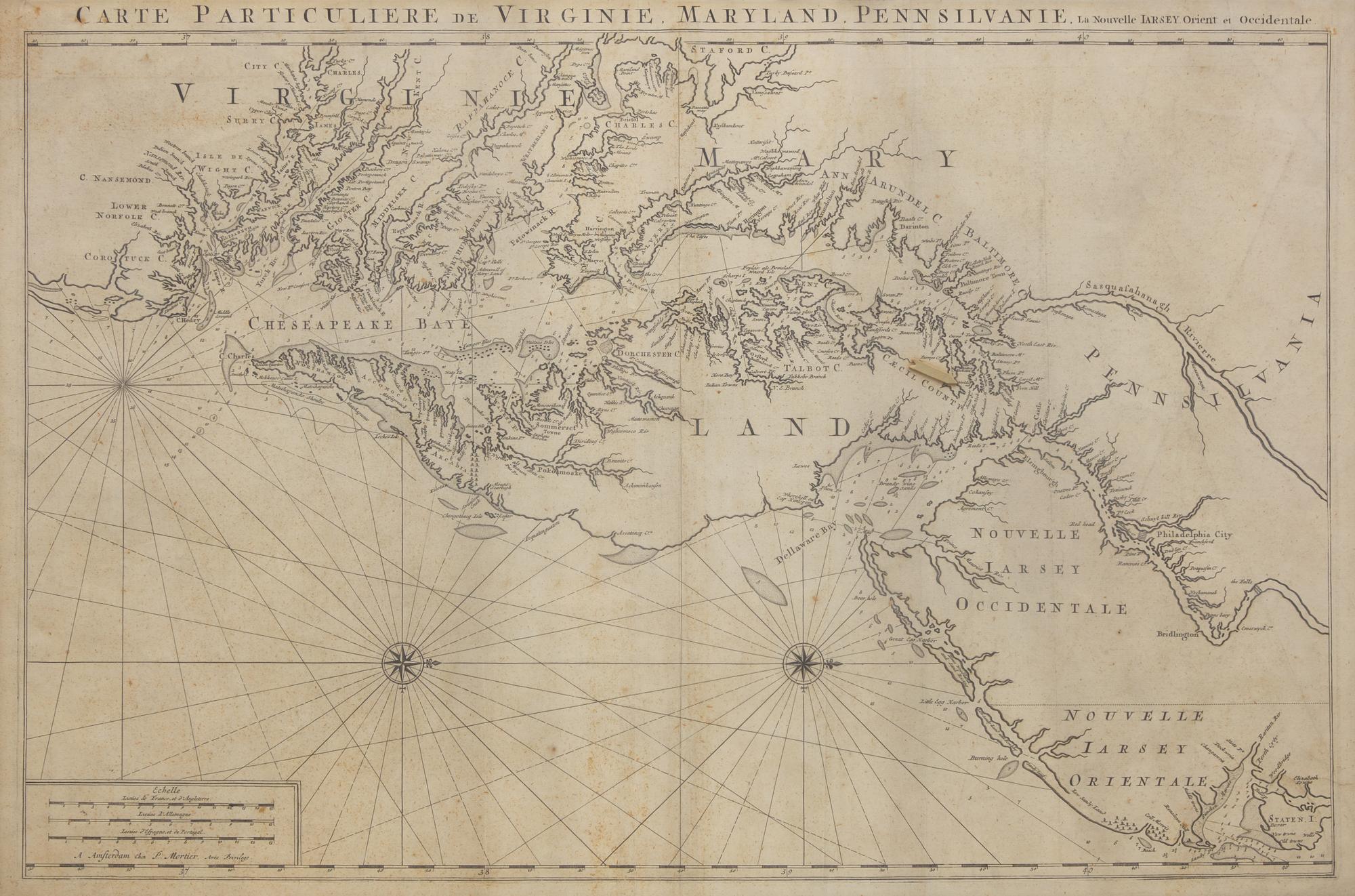A Map: Carte Particuliere de Virginie, Maryland, Pennsilvanie, La Nouvelle Jarsey. Orient et Occidentale