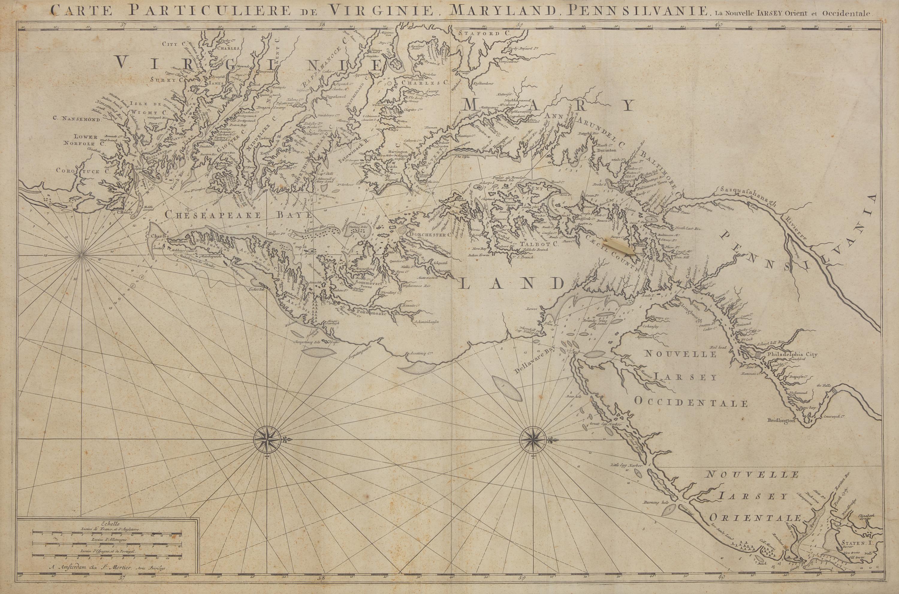 A Map: Carte Particuliere de Virginie, Maryland, Pennsilvanie, La Nouvelle Jarsey. Orient et Occidentale
