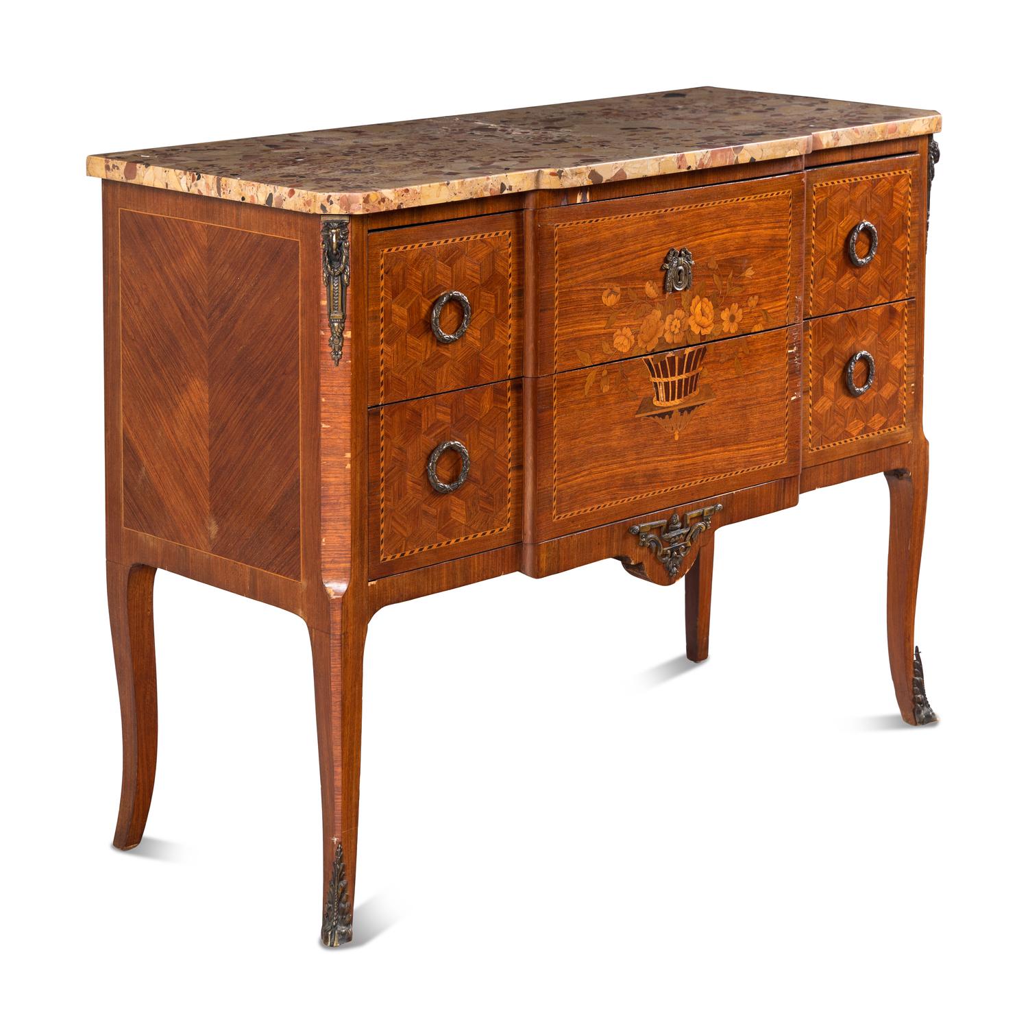 A Louis XV/XVI Transitional Style Marquetry Marble-Top Commode