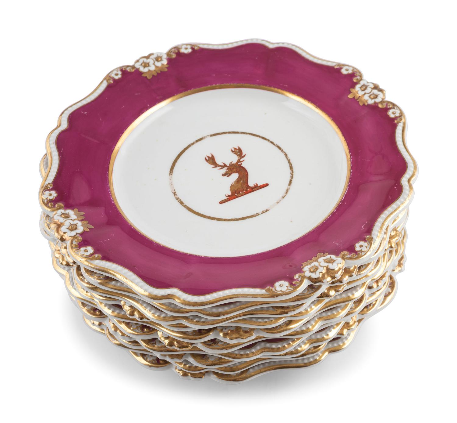 An English Parcel-Gilt and Puce Decorated Porcelain Dinner Service