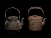 Five Japanese Cast Iron Teapots, Tetsubin , and Burner