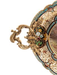 A French Painted Porcelain-Inset Gilt Bronze and Champlevé Tray