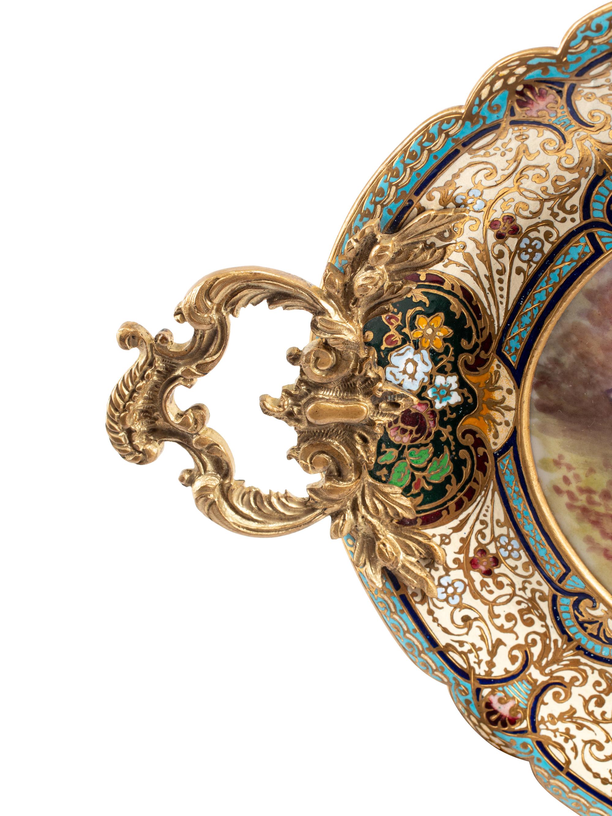 A French Painted Porcelain-Inset Gilt Bronze and Champlevé Tray