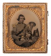 [EARLY PHOTOGRAPHY]. Sixth plate ambrotype of a brass band musician.