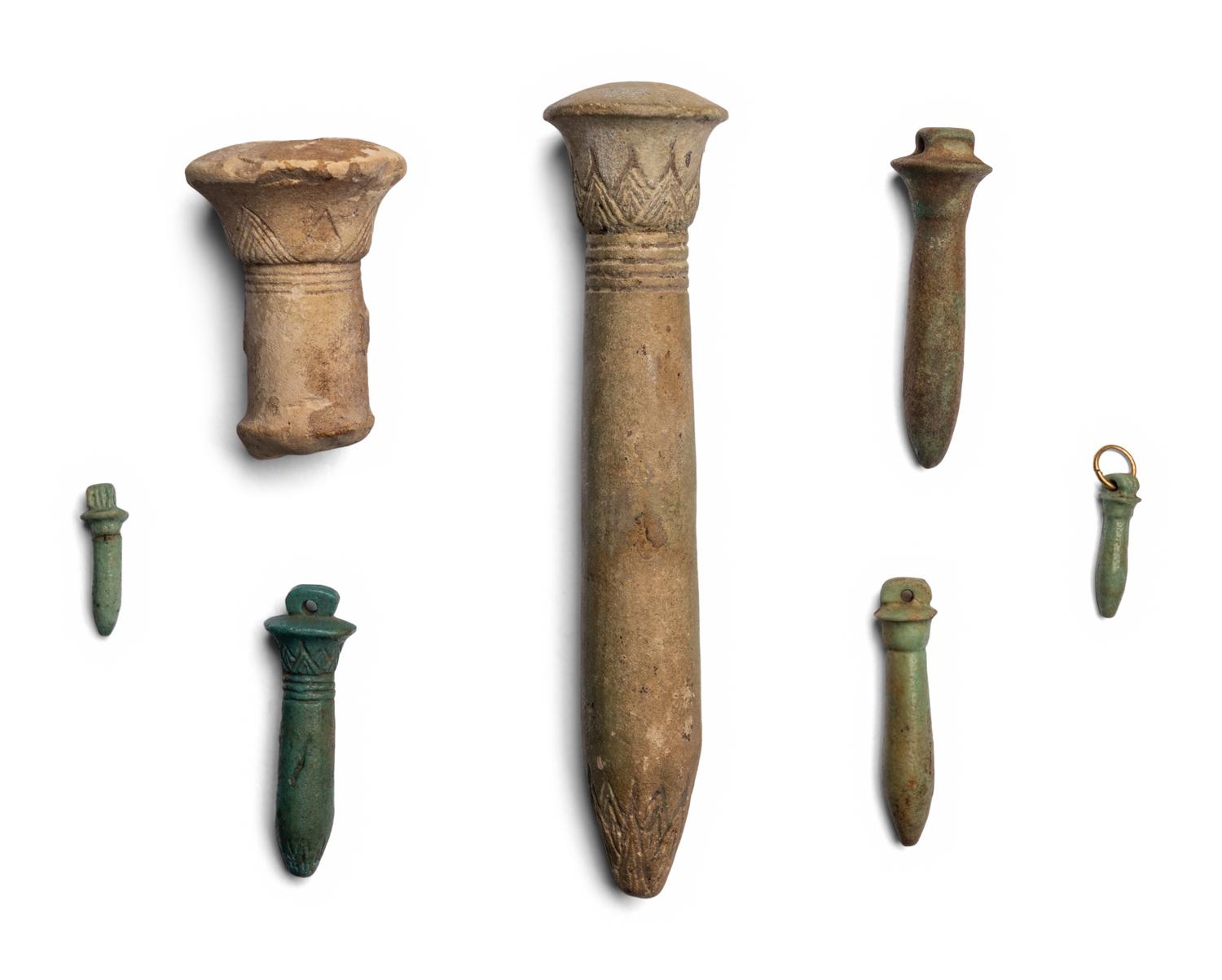 Seven Egyptian Faience Wadj Amulets and Fragments