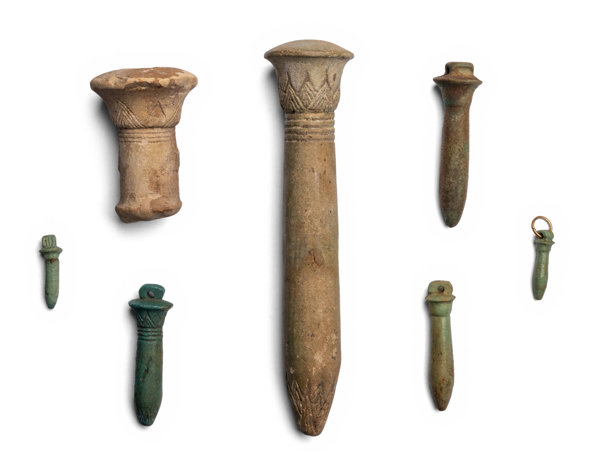 Seven Egyptian Faience Wadj Amulets and Fragments