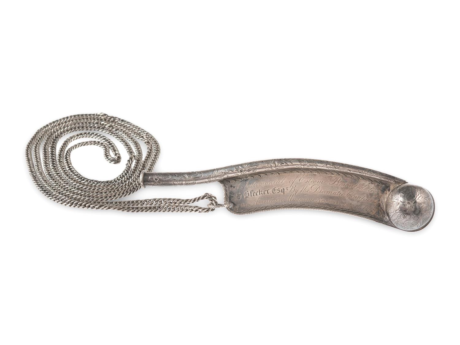 [ENTERTAINMENT]. A silver boatswain's whistle presented to Sylvester Bleeker by the "Dramatic Company of the American Museum, New York, July 10 1852.