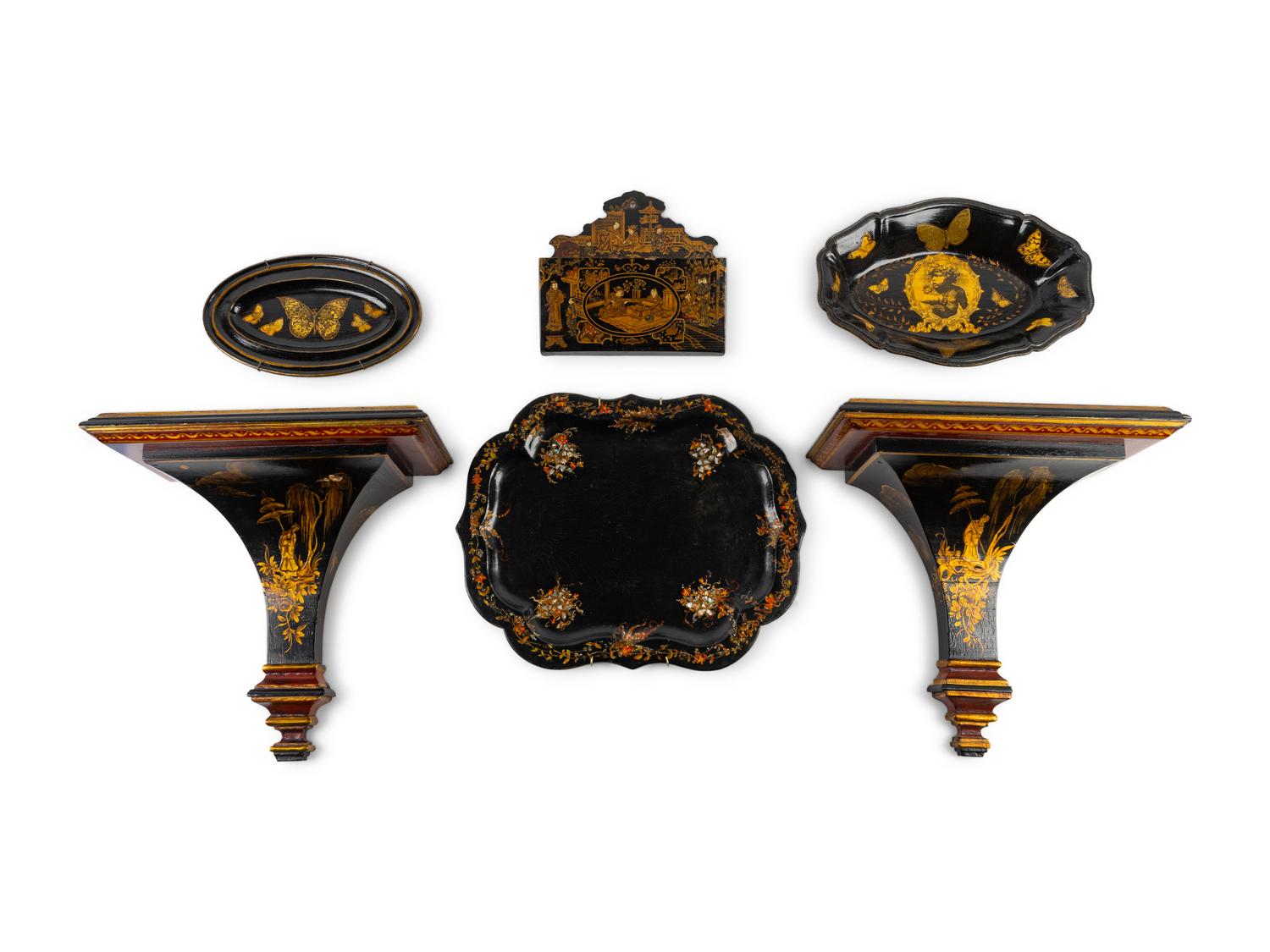 A Group of Six Black and Gilt Lacquer Items — 20TH CENTURY