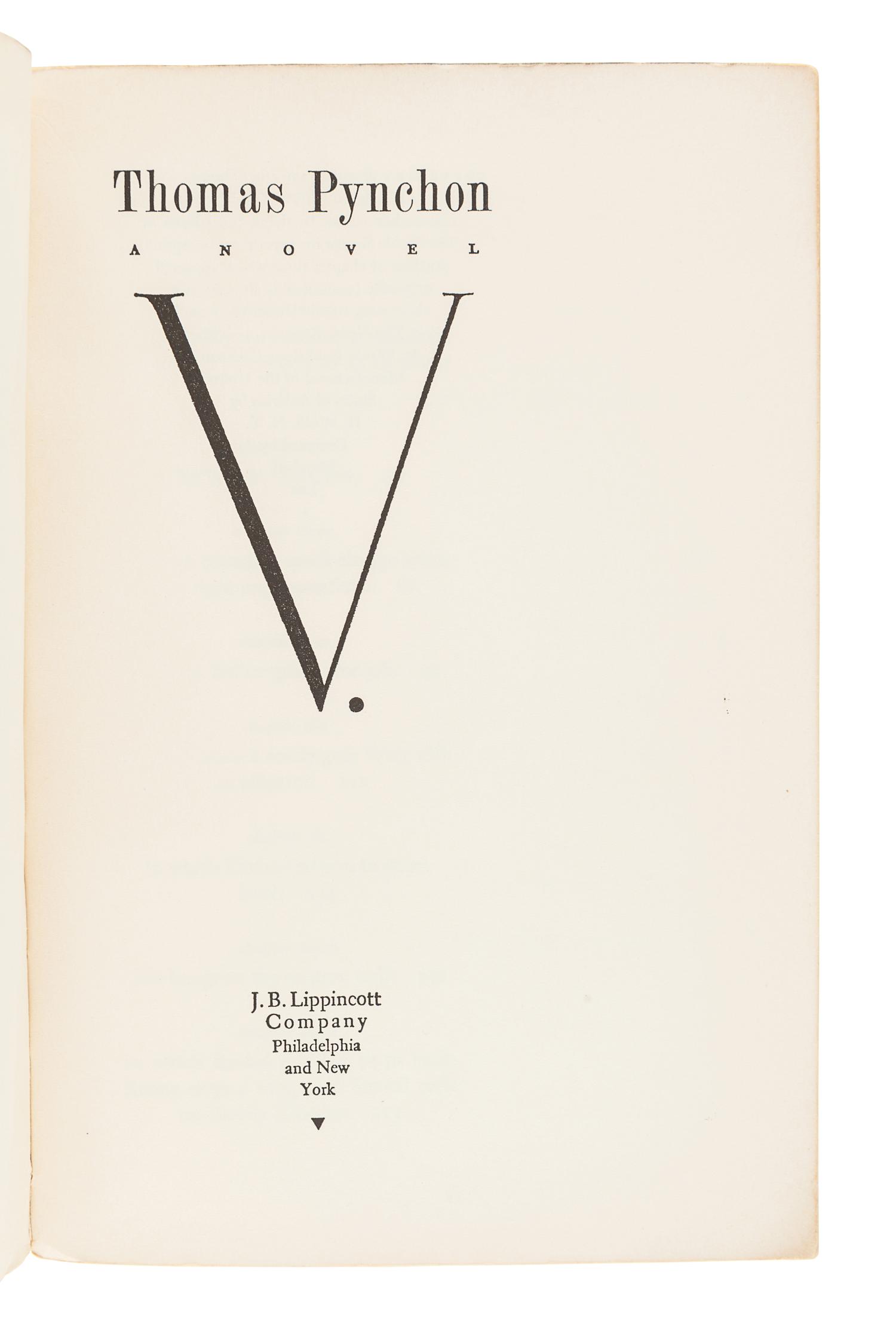 PYNCHON, Thomas (b. 1937). V. Philadelphia and New York: J. B. Lippincott, 1963.