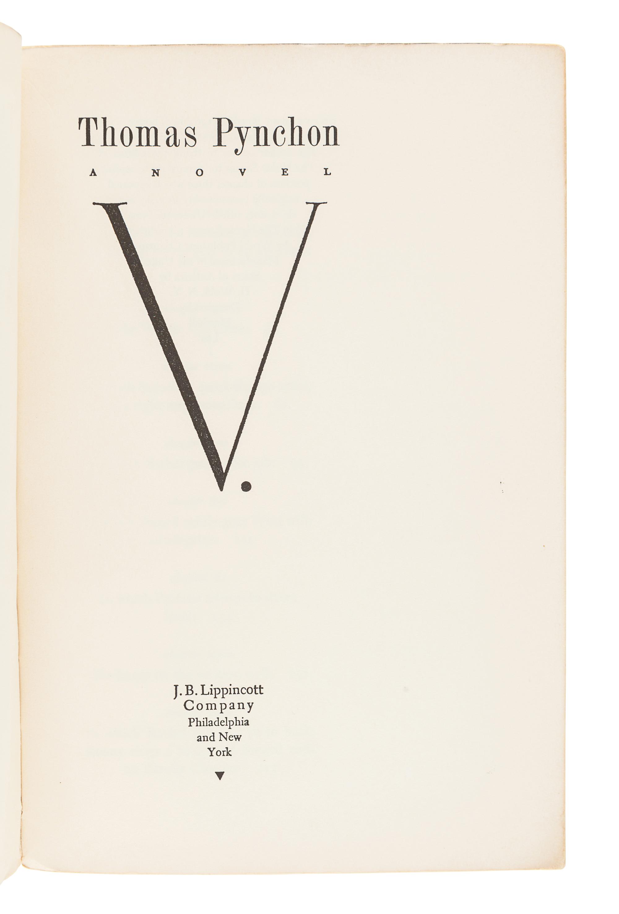 PYNCHON, Thomas (b. 1937). V. Philadelphia and New York: J. B. Lippincott, 1963.