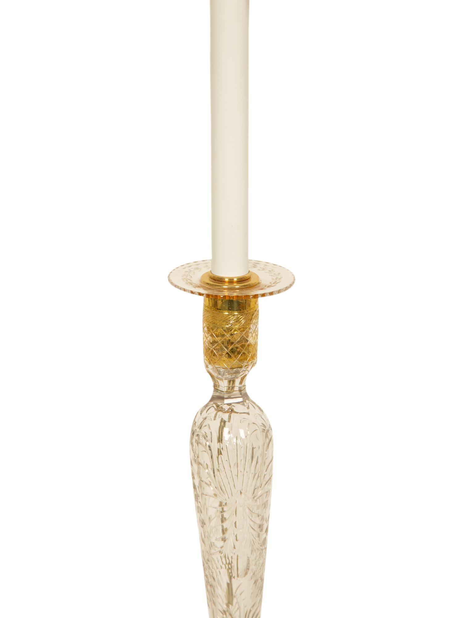 A Pair of Gilt Metal Mounted Cut Glass Candlesticks Mounted as Lamps