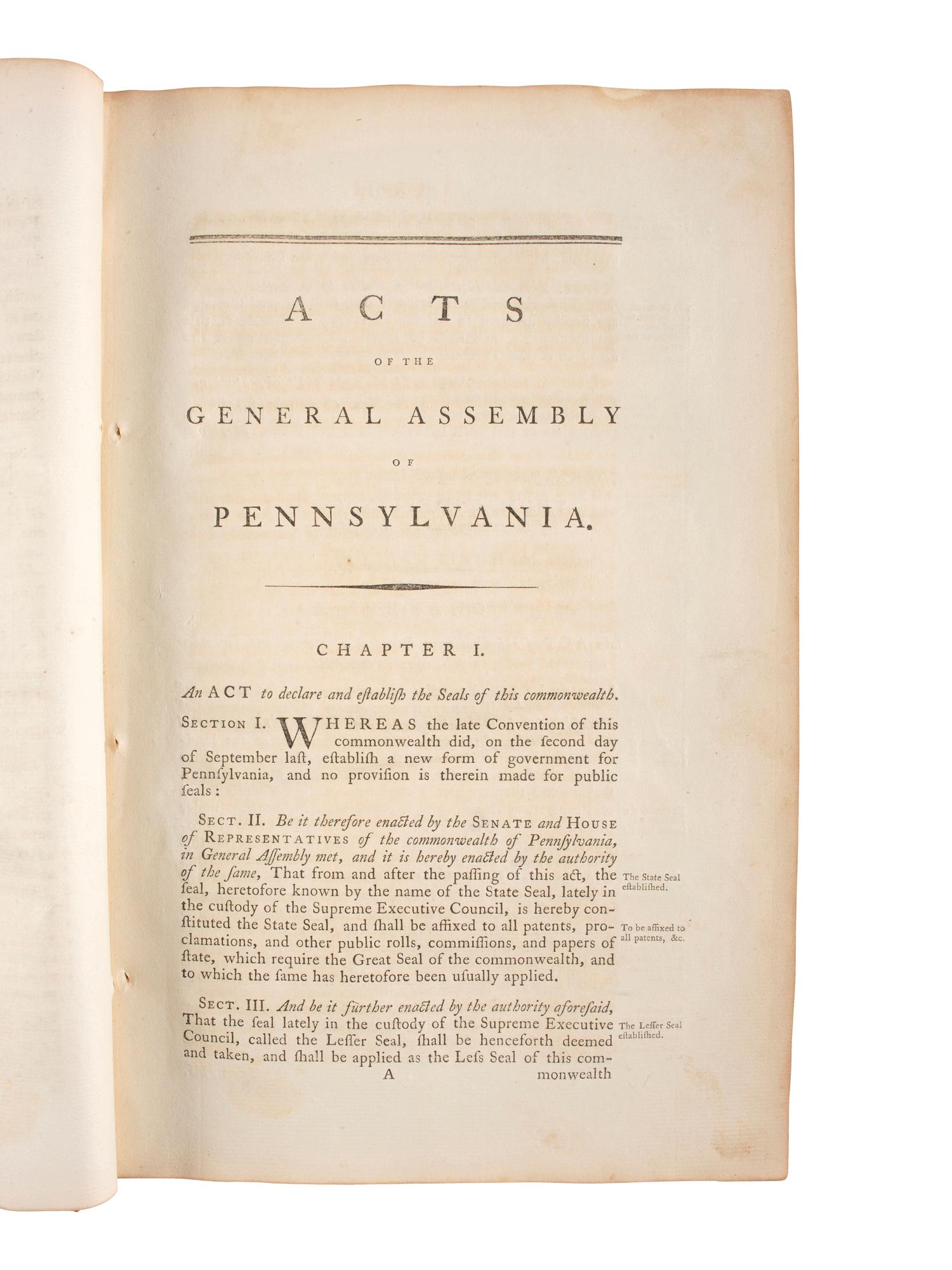 Constitutions of the United States and Pennsylvania with Acts of Pennsylvania (1791-1795). [Philadelphia?]: N.p., [1796?].