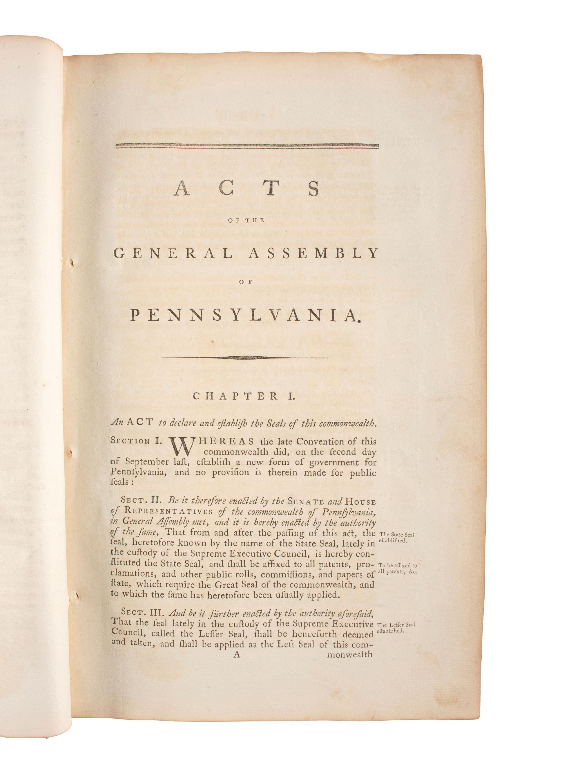 Constitutions of the United States and Pennsylvania with Acts of Pennsylvania (1791-1795). [Philadelphia?]: N.p., [1796?].