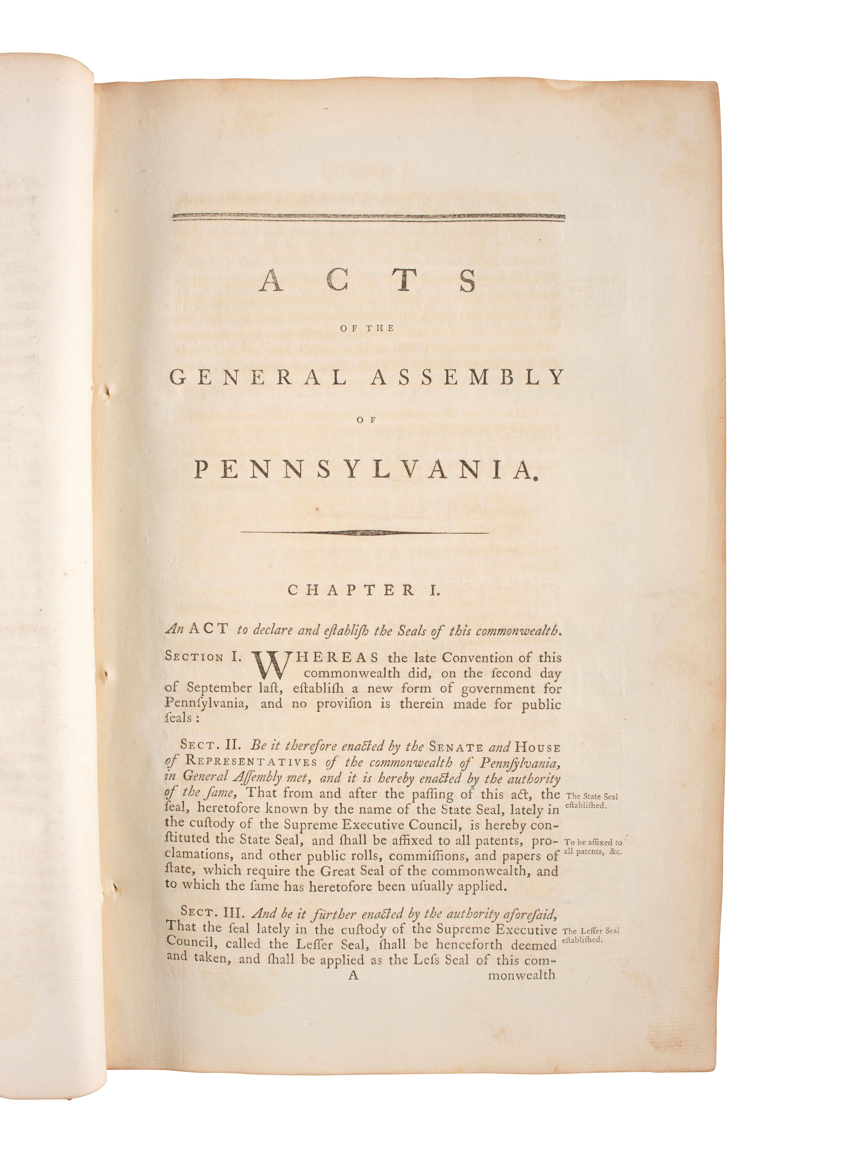 Constitutions of the United States and Pennsylvania with Acts of Pennsylvania (1791-1795). [Philadelphia?]: N.p., [1796?].
