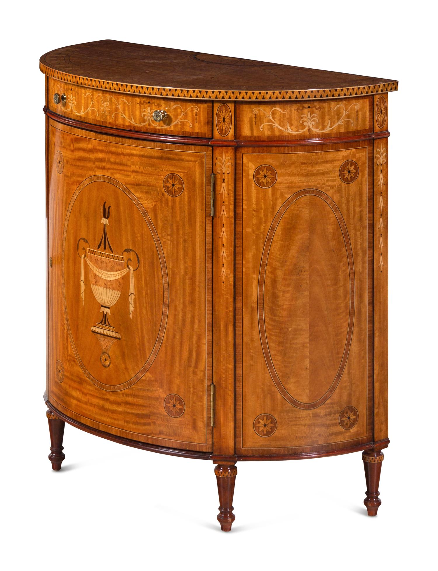 An Adam Style Satinwood and Marquetry Demilune Cabinet