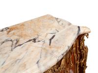 A Pair of Louis XV Style Gilt Bronze Mounted Marquetry Marble-Top Commodes