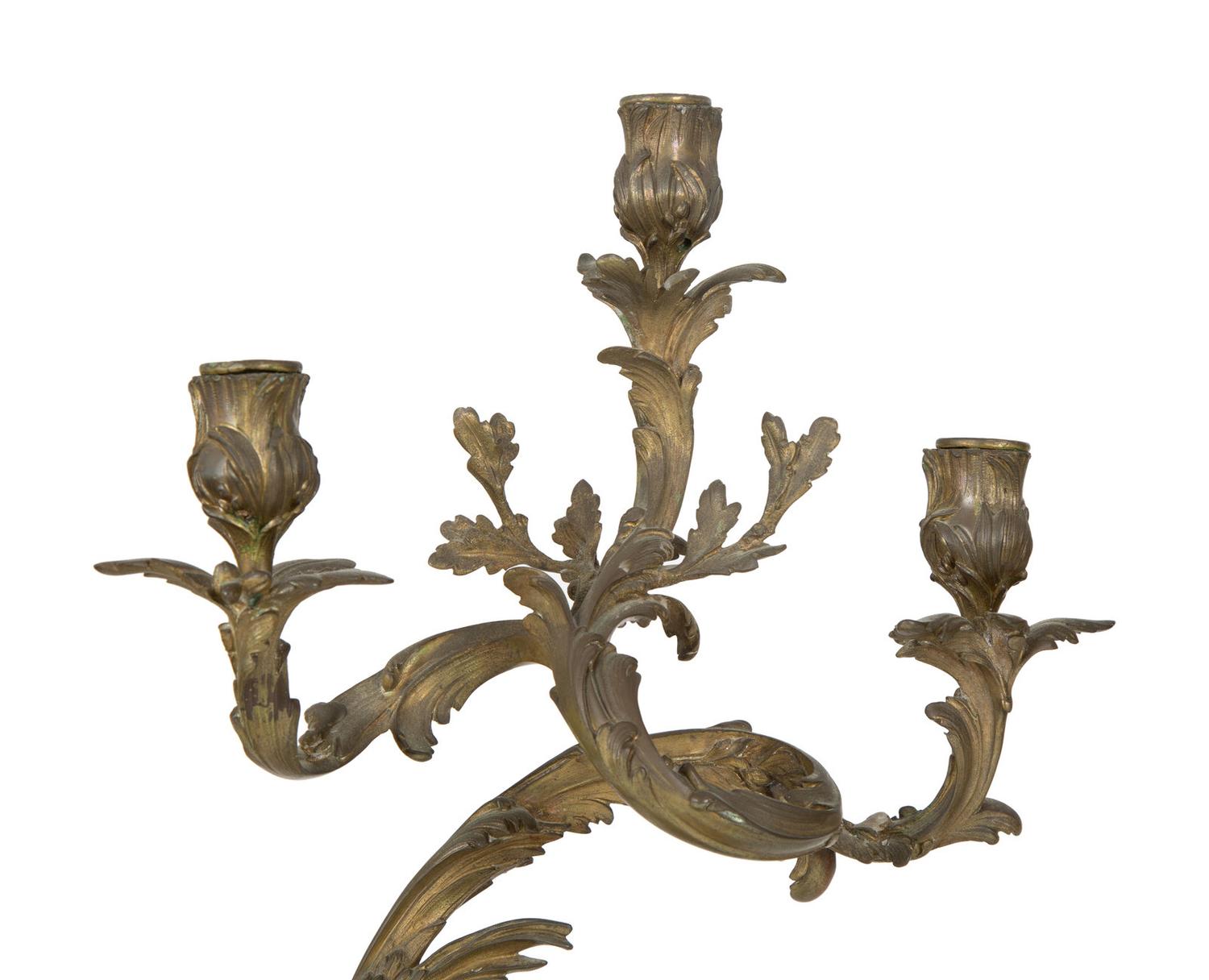 A Rococo Style Gilt Bronze Three-Light Wall Sconce and A Pair of Gilt Bronze Three-Light Candelabra — 19th Century