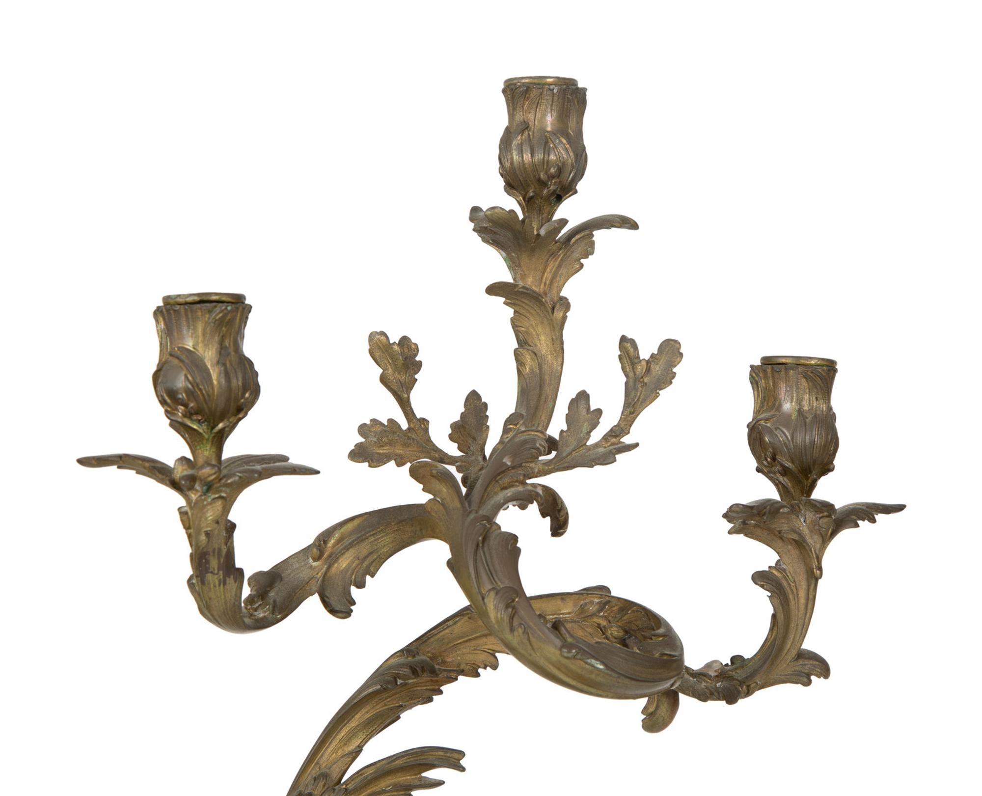 A Rococo Style Gilt Bronze Three-Light Wall Sconce and A Pair of Gilt Bronze Three-Light Candelabra — 19th Century