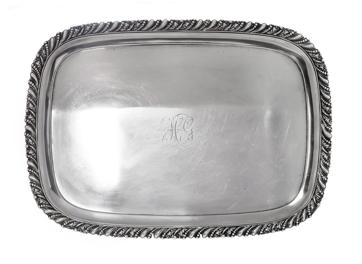 An American Silver Tray, Gorham Mfg Co., Providence, RI, monogrammed in the center.