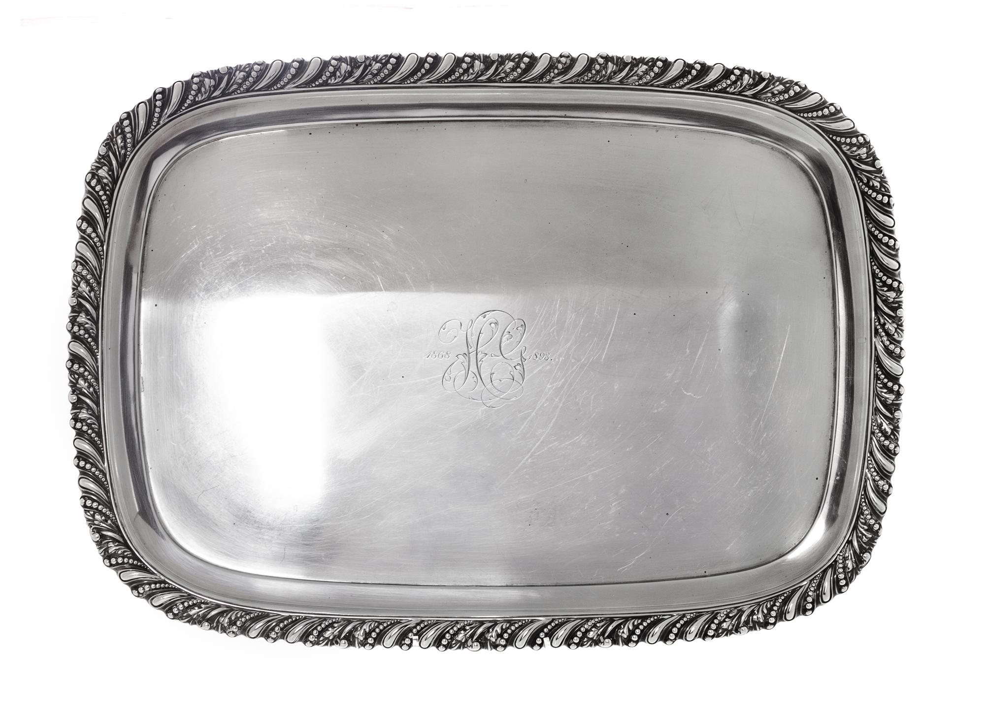 An American Silver Tray, Gorham Mfg Co., Providence, RI, monogrammed in the center.