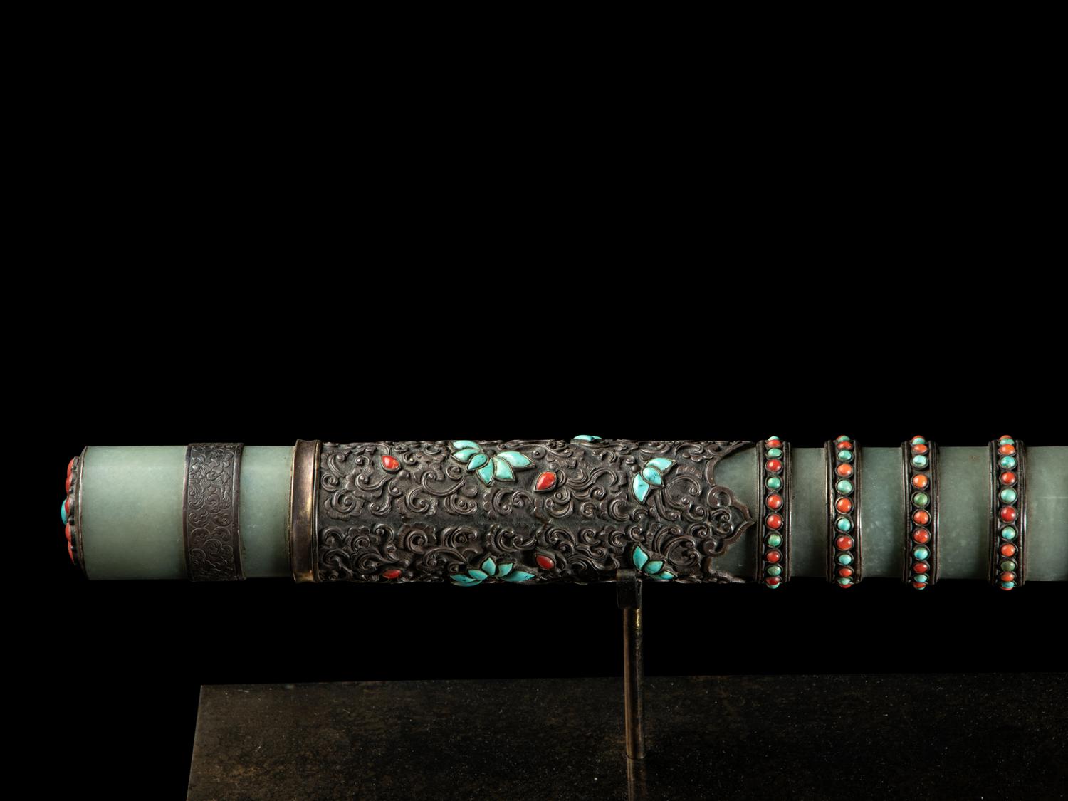 A Nepalese Coral, Jade Turquoise Inset Silver Jade Sword