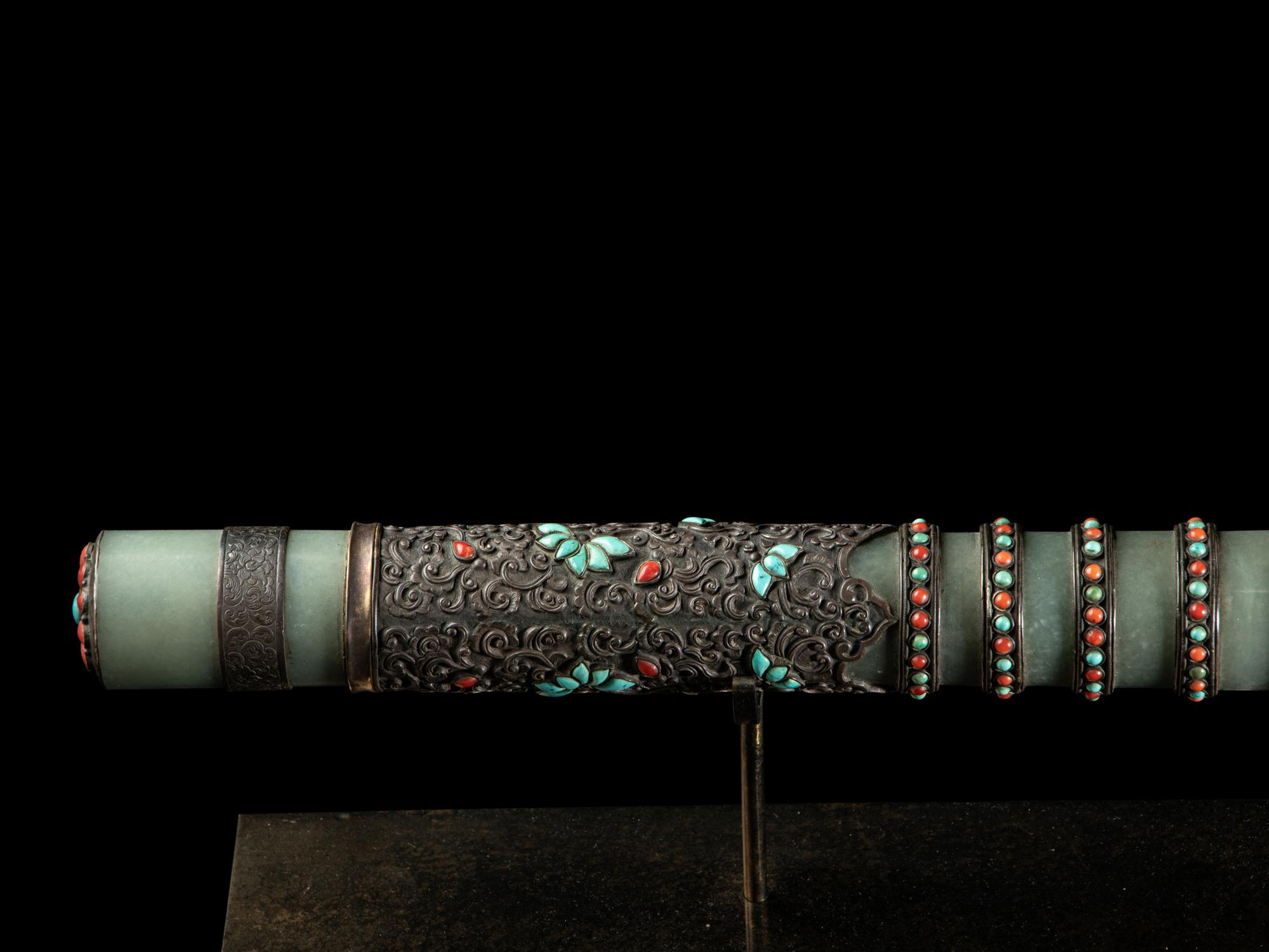 A Nepalese Coral, Jade Turquoise Inset Silver Jade Sword