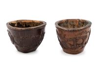 A Pair of Chinese Silver Inlaid Carved Bamboo Cups