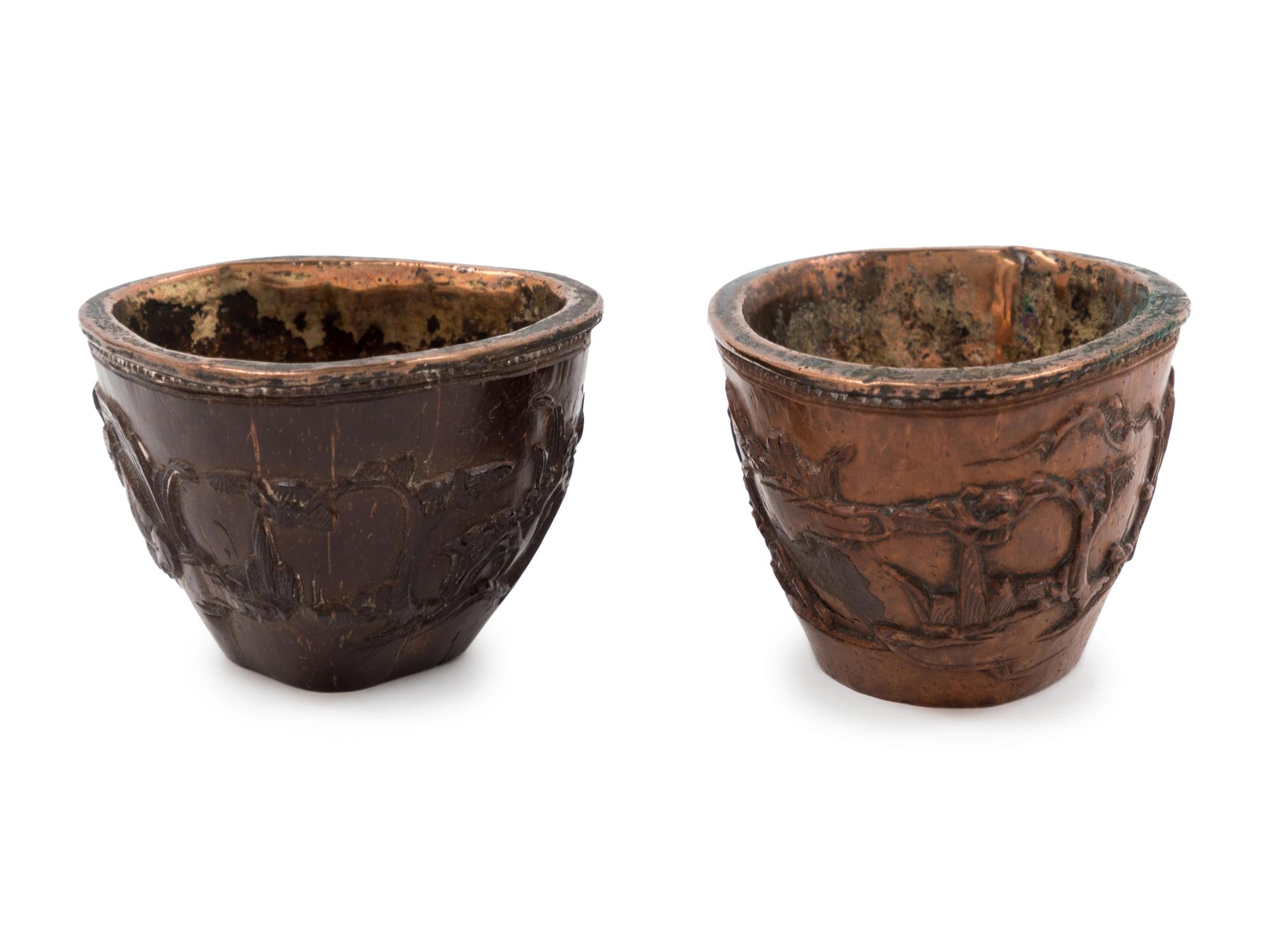 A Pair of Chinese Silver Inlaid Carved Bamboo Cups