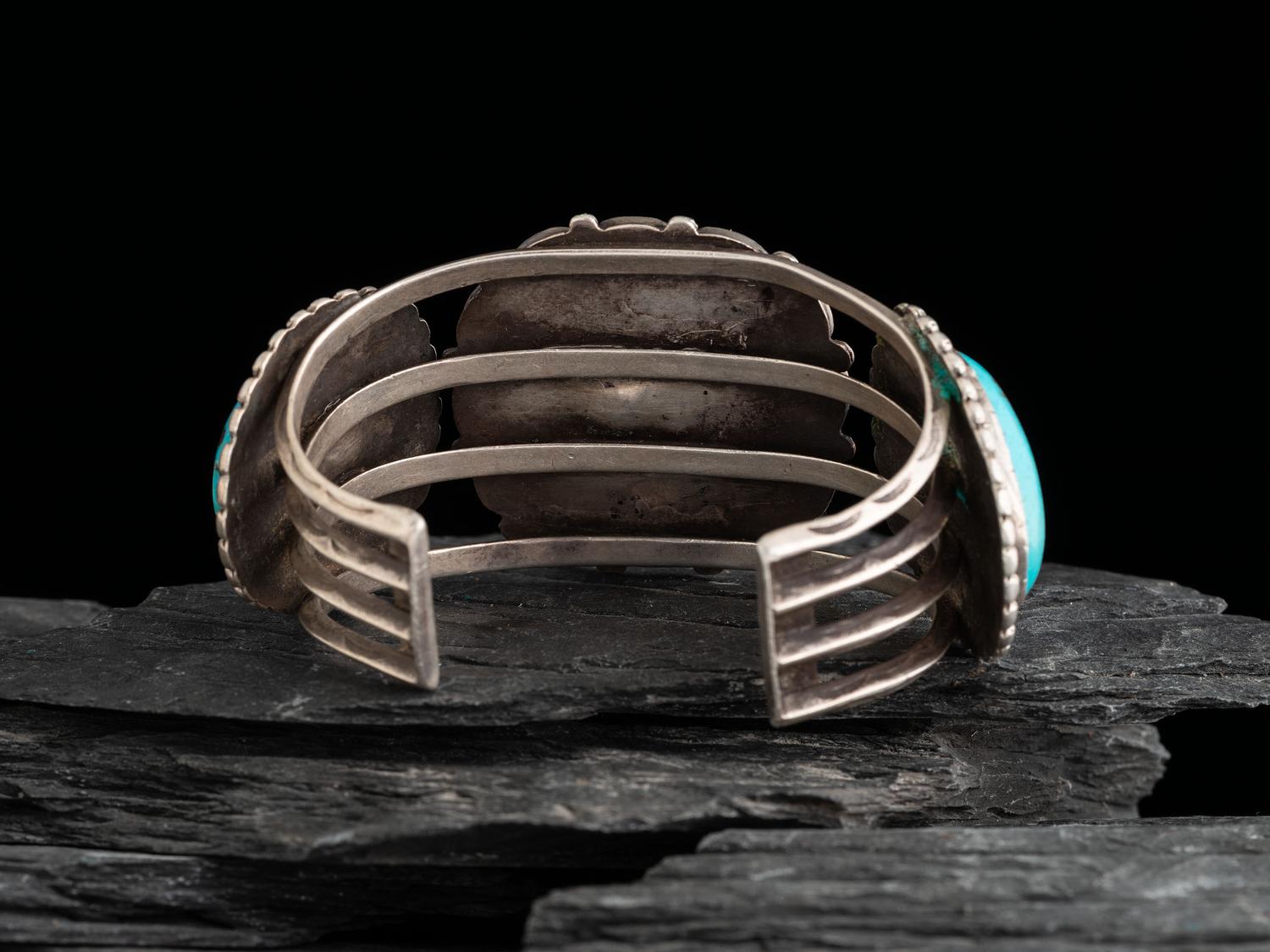 Large Navajo Silver and Turquoise Cluster Cuff Bracelet