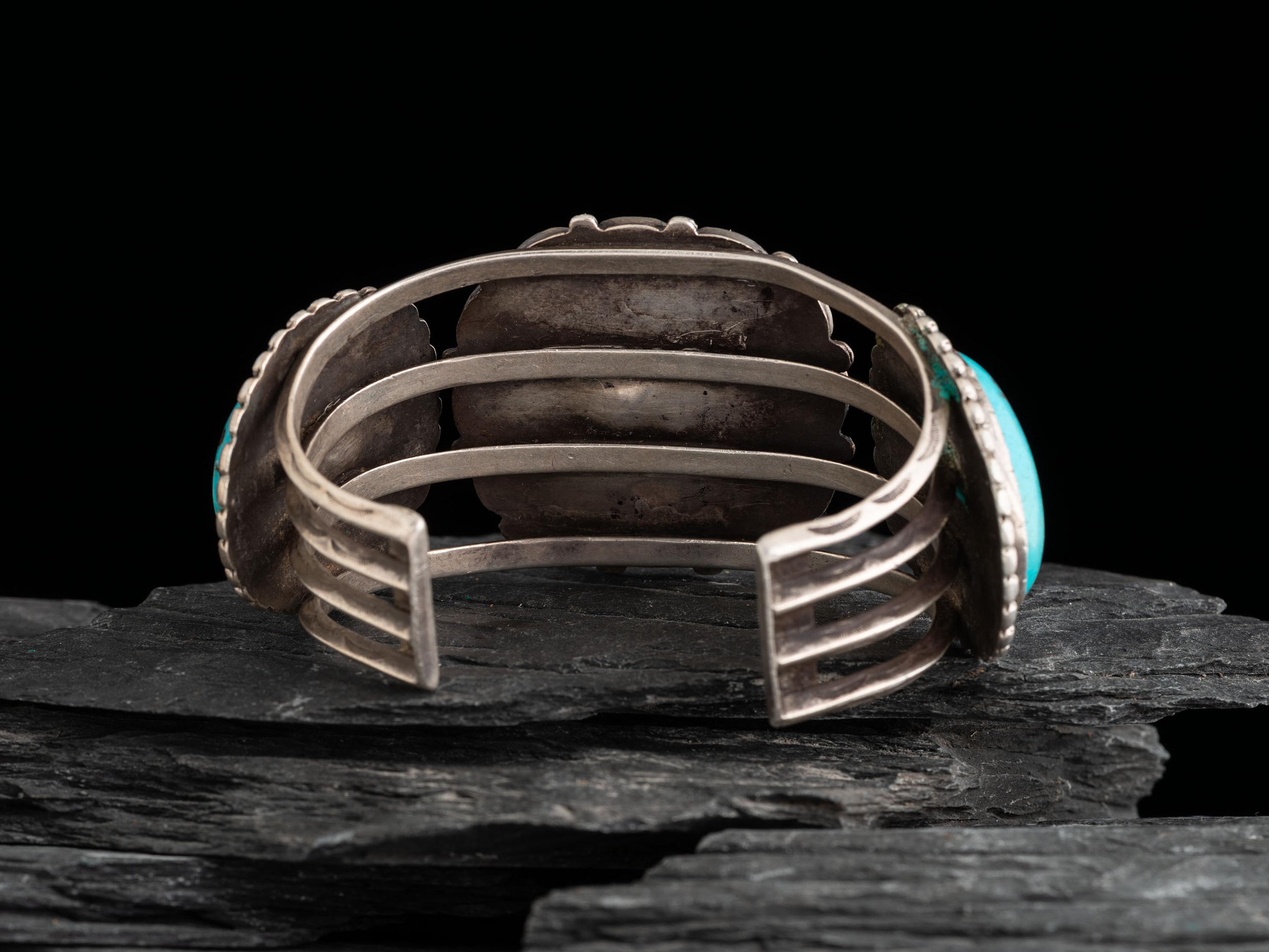 Large Navajo Silver and Turquoise Cluster Cuff Bracelet